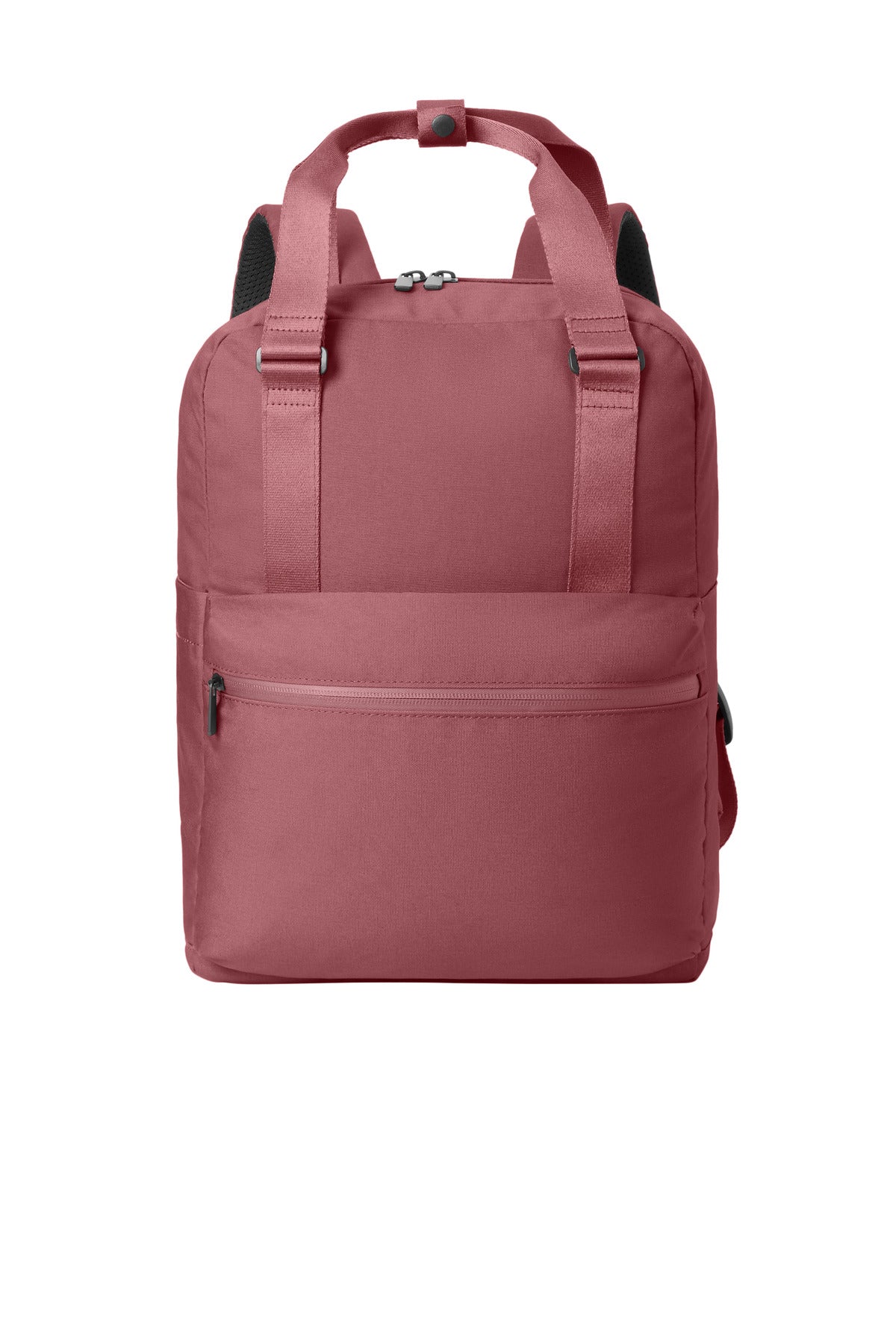 Mercer+Mettle Claremont handled backpack in rosewood leather with a flat front design and top handle.
