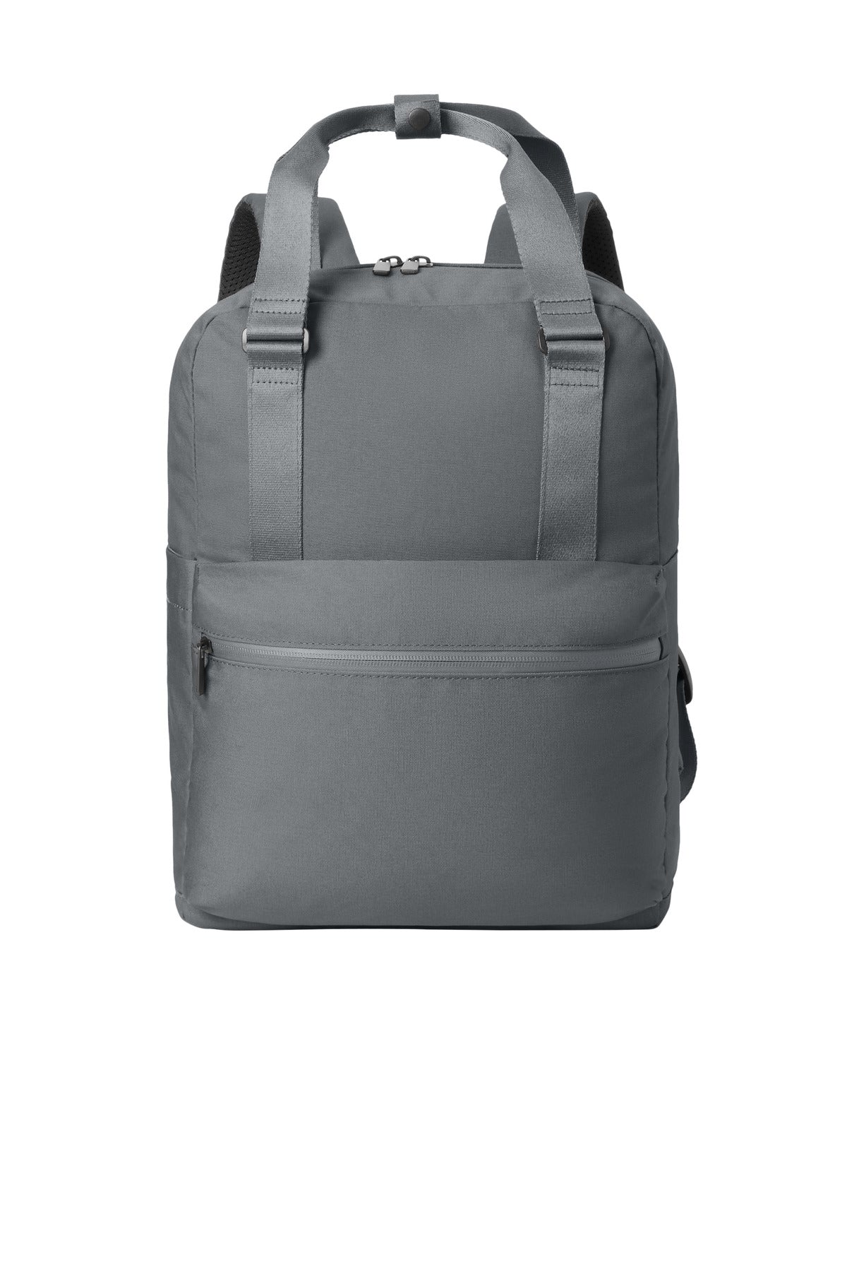 Mercer+Mettle Claremont Handled Backpack in storm grey with front pocket and sturdy handle, designed for versatile daily use.