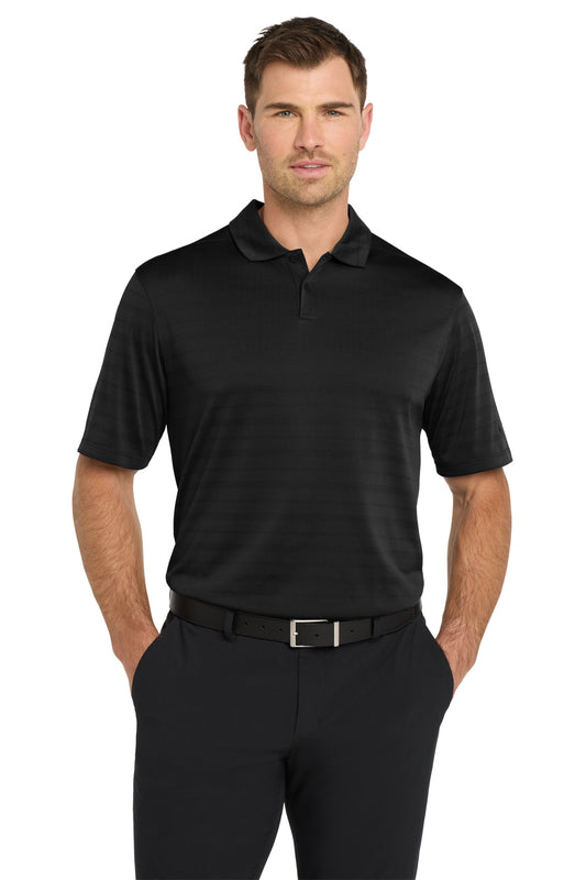 Black Nike Dri-FIT Vapor Jacquard Polo shirt on a model, front view showing breathable fabric and sleek design.