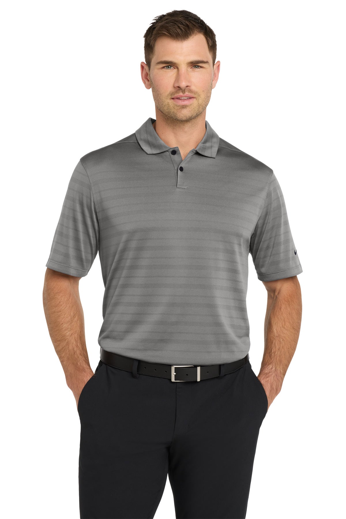 Nike Dri-FIT Vapor Jacquard Polo in dark grey, front view showing breathable fabric and athletic fit.