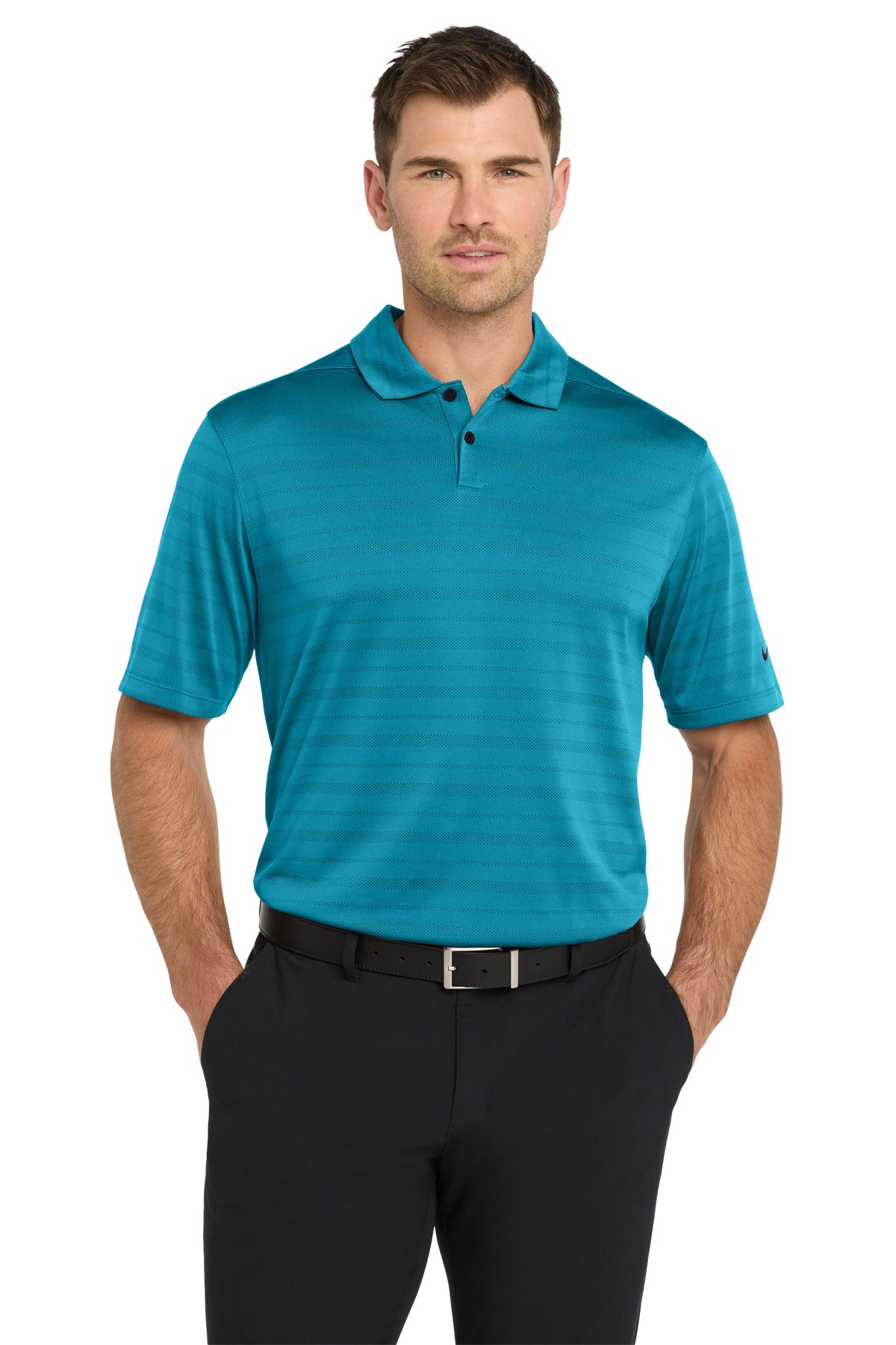Nike Dri-FIT Vapor Jacquard Polo shirt in marina color, front view showing breathable fabric and athletic fit.