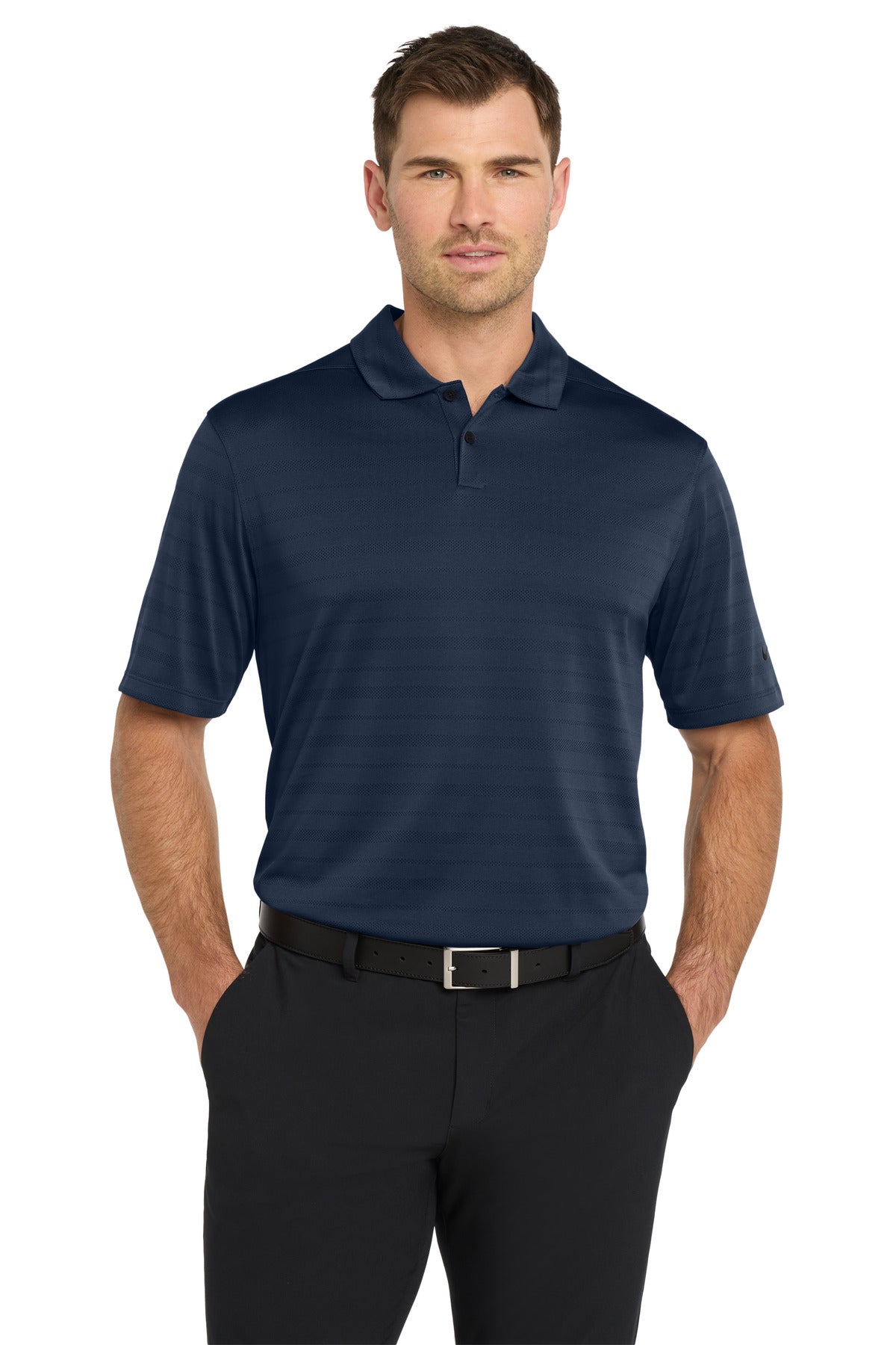 Navy Nike Dri-FIT Vapor Jacquard Polo shirt worn by a model, showcasing the front design and athletic fit.