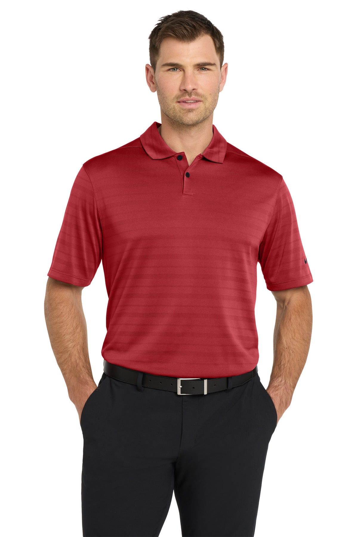Front view of Nike Dri-FIT Vapor Jacquard Polo in team red, showcasing breathable fabric and athletic fit.