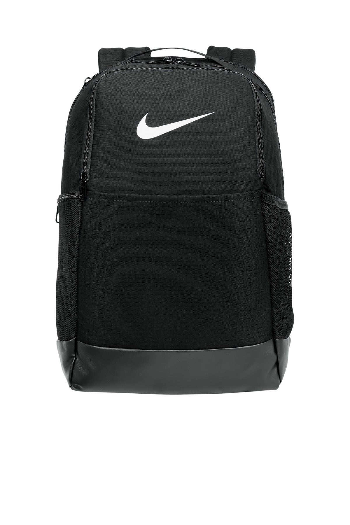 Nike Brasilia Medium Backpack in black, featuring front zipper pocket and adjustable straps for versatile daily use.