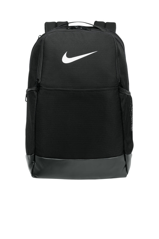Nike Brasilia Medium Backpack in black, featuring front zipper pocket and adjustable straps for versatile daily use.