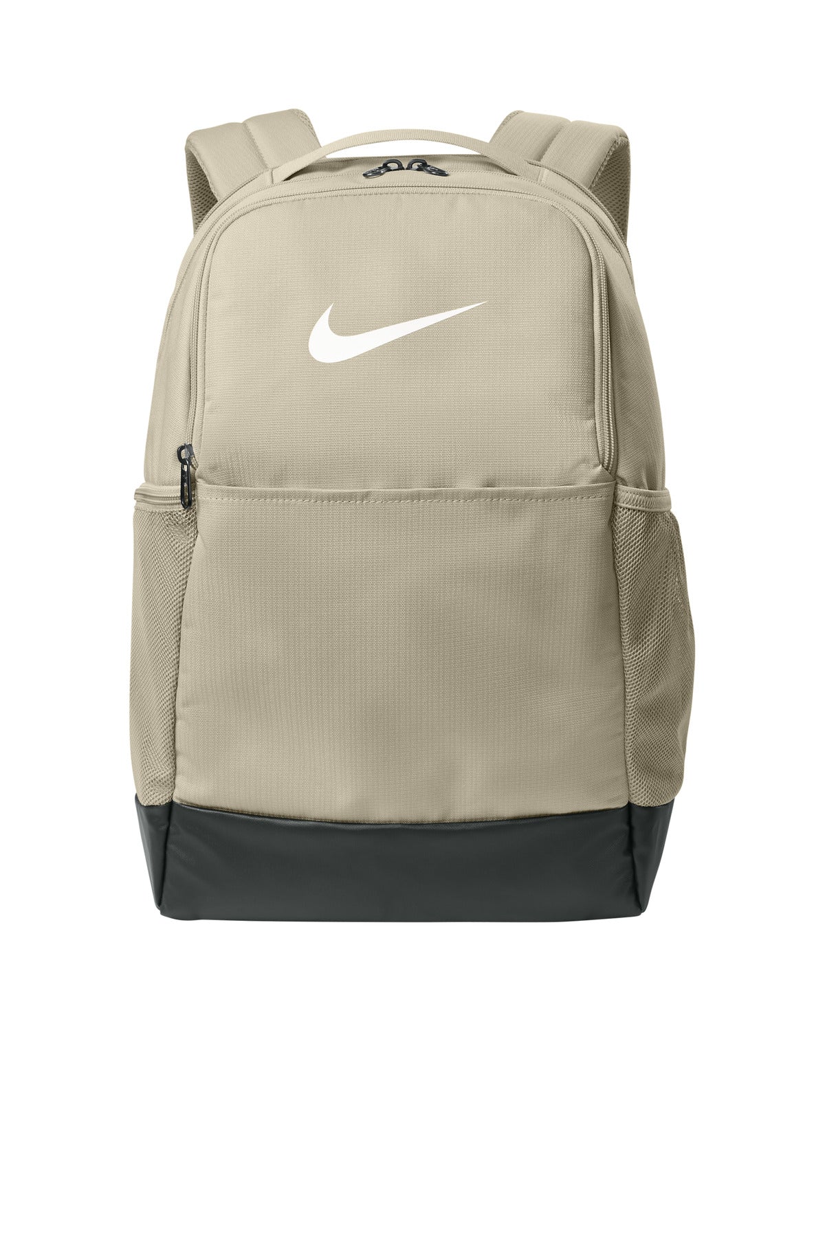 Nike Brasilia Medium Backpack in desert khaki, showing front view with multiple compartments and adjustable straps.