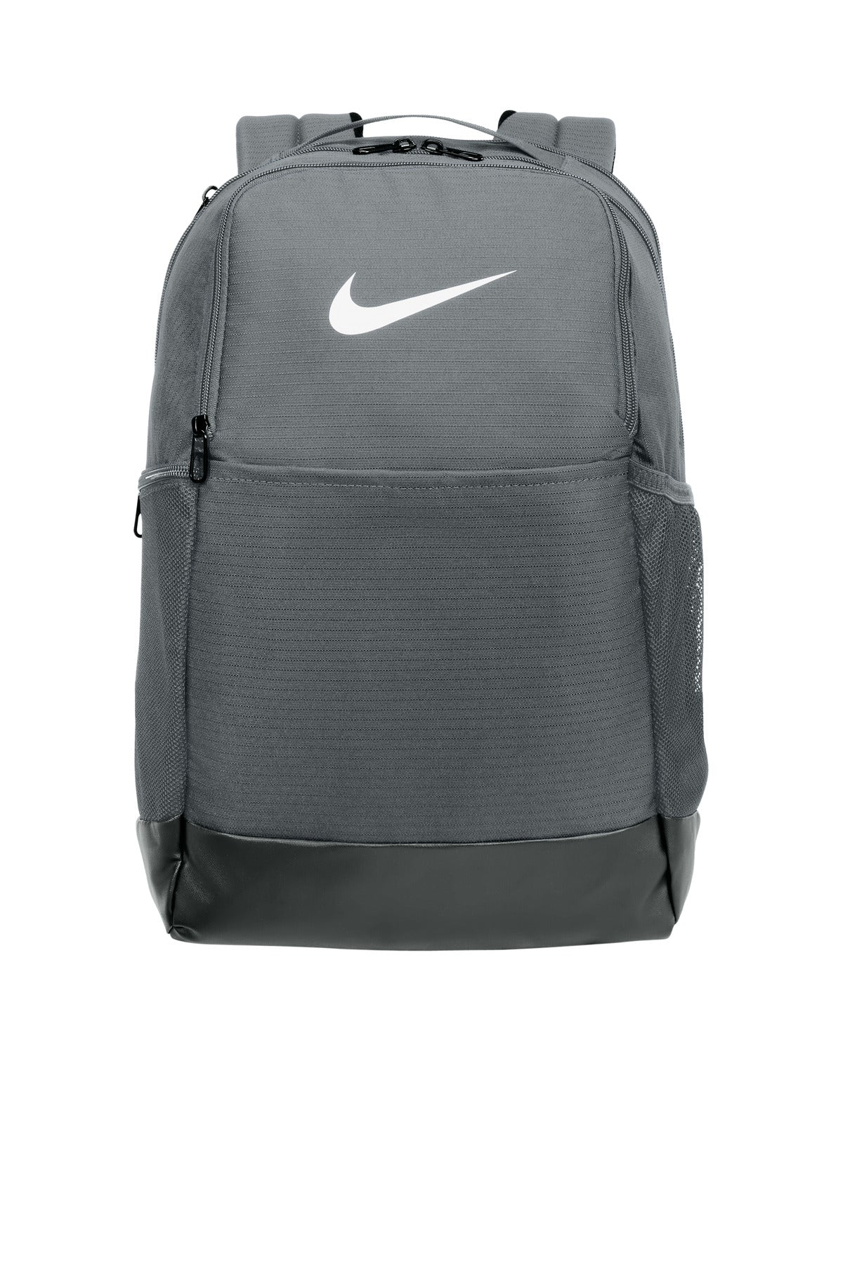 Nike Brasilia Medium Backpack in Flint Grey with front zipper pocket and adjustable straps, designed for everyday use.
