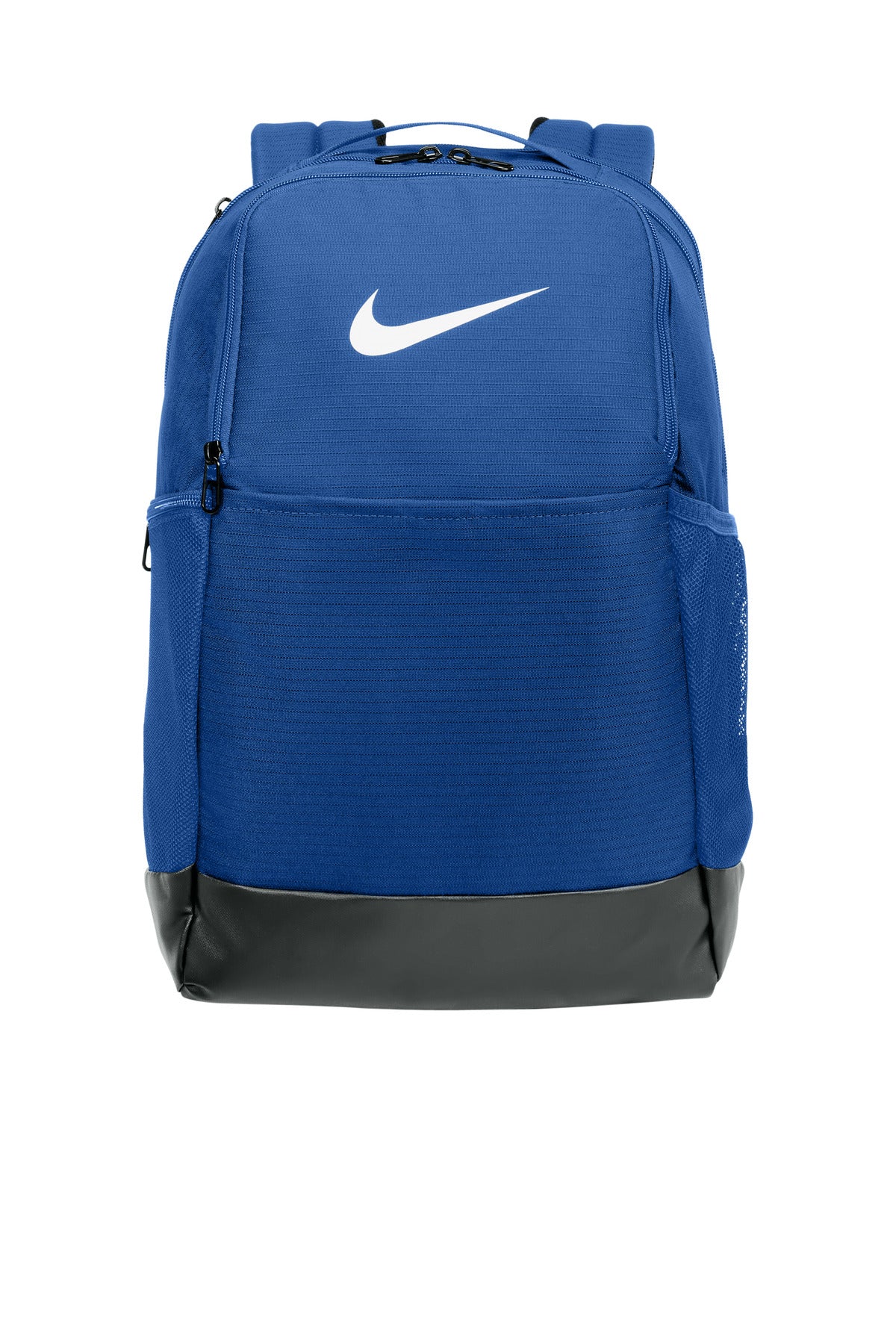 Nike Brasilia Medium Backpack in vibrant gamer royal color, shown from the front with adjustable straps and spacious main compartment