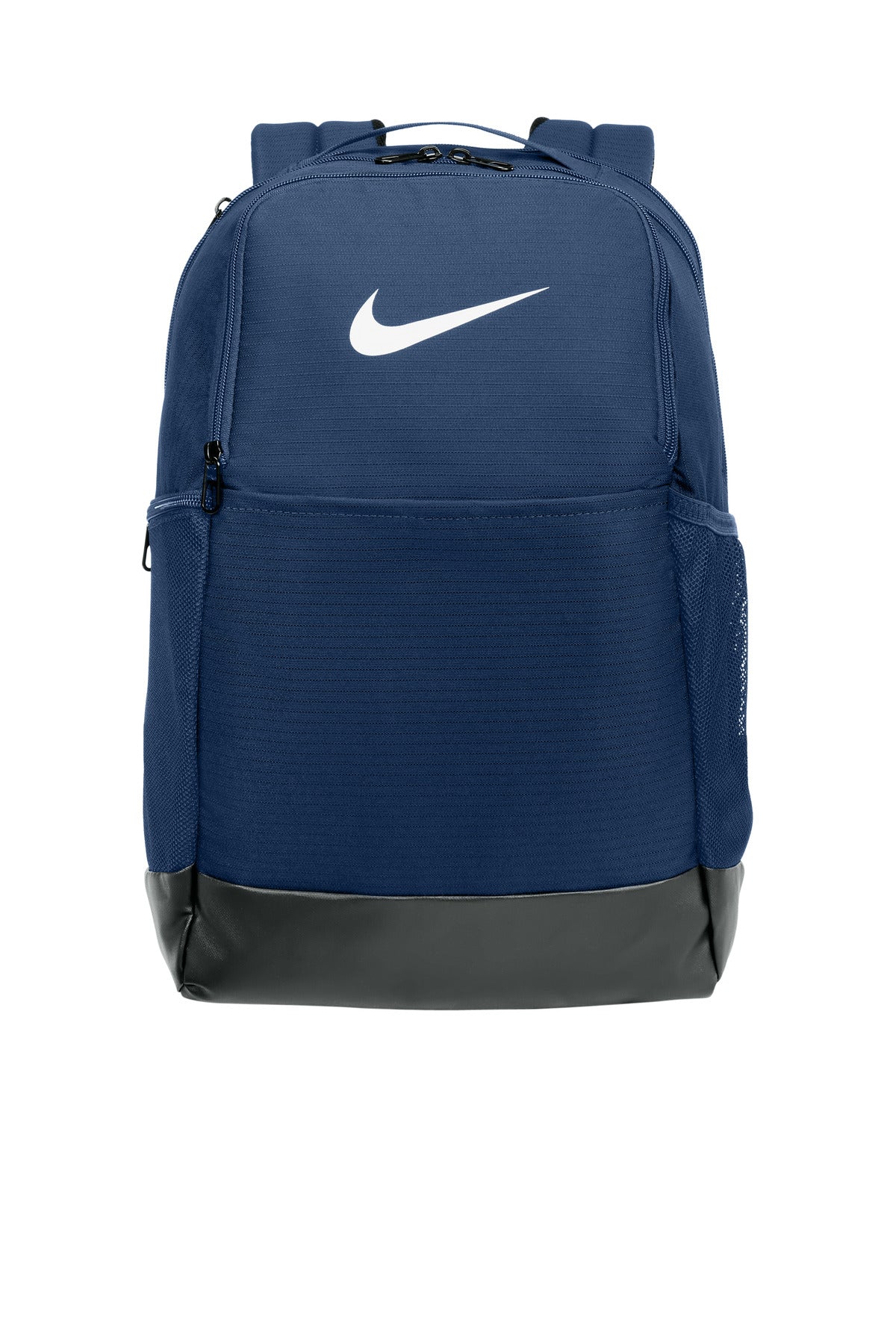 Nike Brasilia Medium Backpack in midnight navy, showing front view with adjustable straps and spacious main compartment.