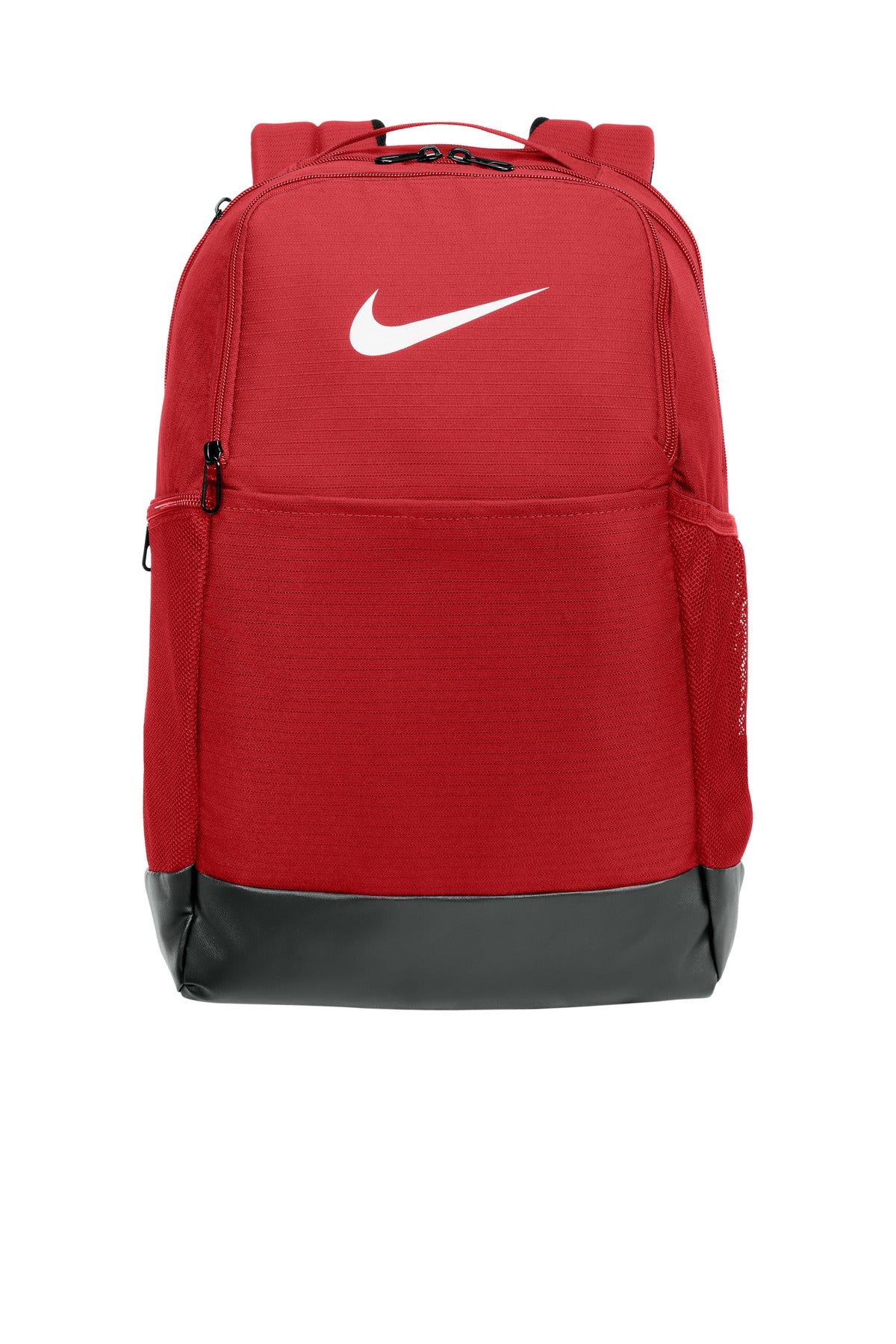 Nike Brasilia Medium Backpack in university red with front zip pocket and adjustable straps, designed for versatile everyday use.