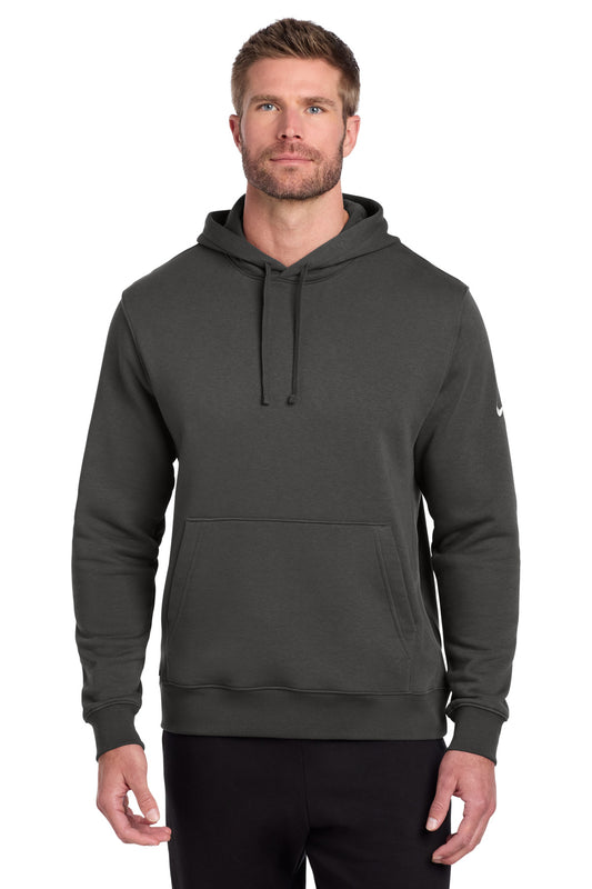 Nike Club Fleece Swoosh Pullover Hoodie in anthracite, front view showing the Nike swoosh logo on the chest.