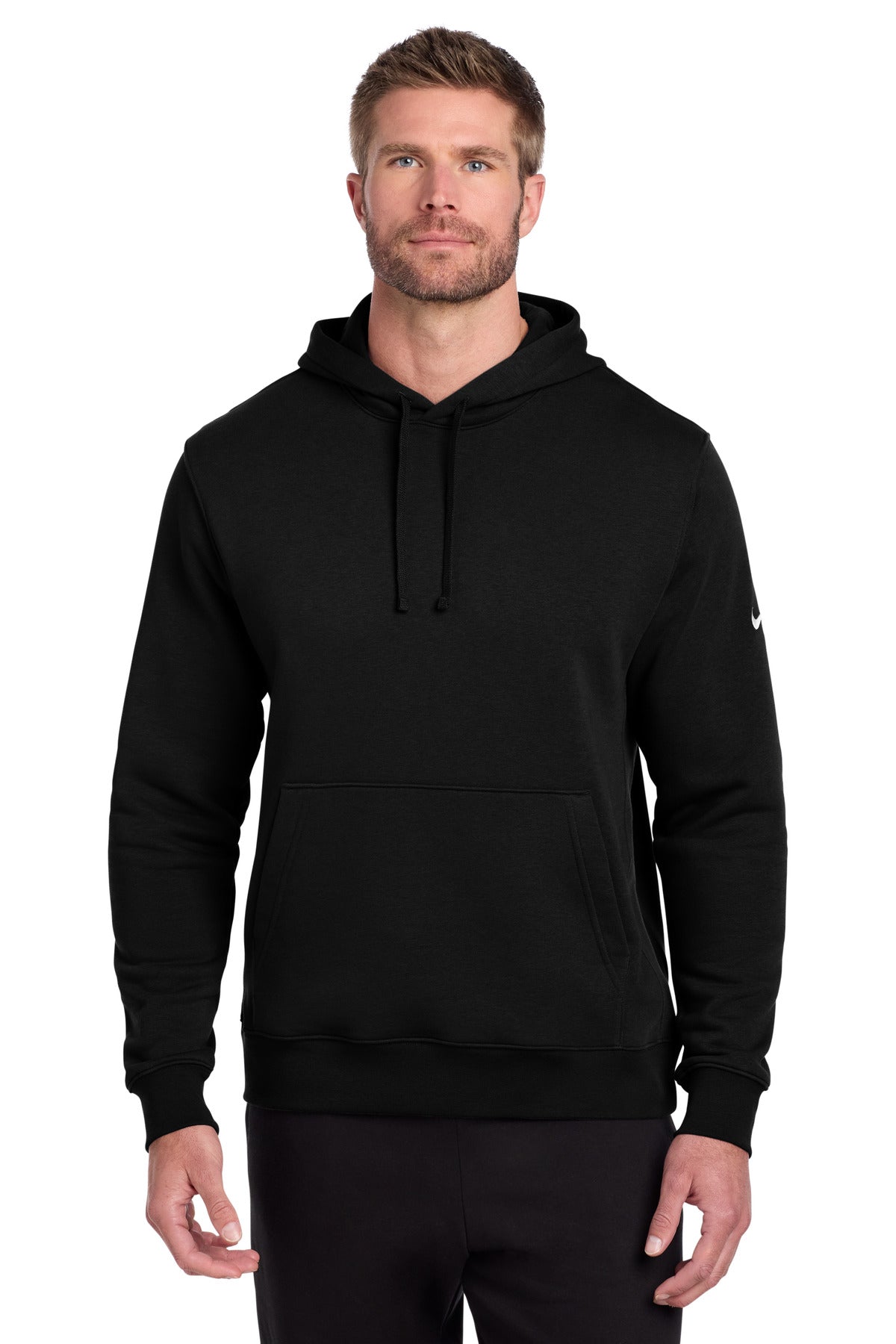 Black Nike Club Fleece Swoosh Pullover Hoodie worn by a model, featuring a front view with the Nike logo on the chest.