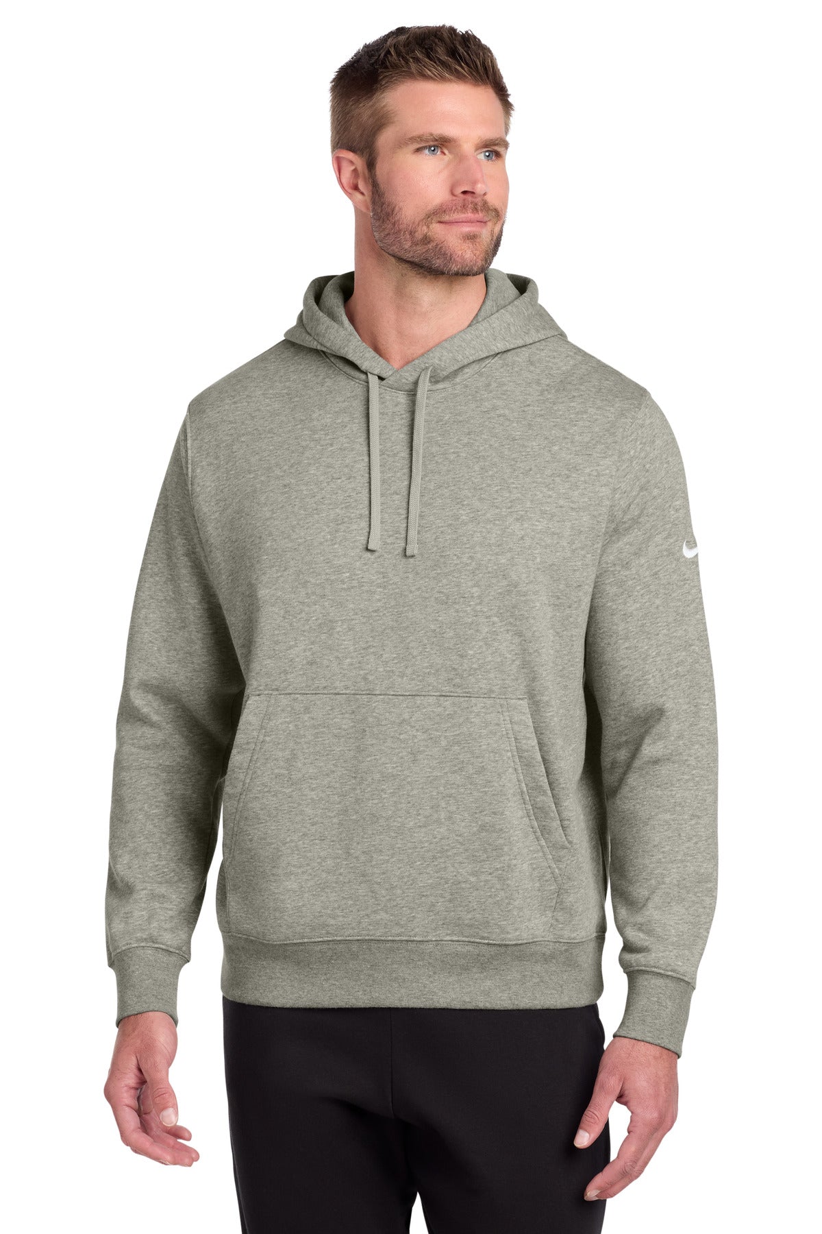 Nike Club Fleece Swoosh Pullover Hoodie in dark grey heather, front view showing the Nike swoosh logo and cozy fleece material.