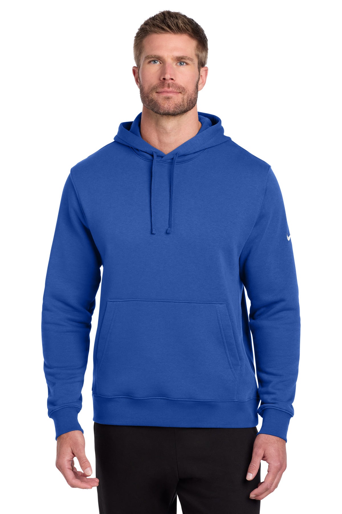 Nike Club Fleece Swoosh Pullover Hoodie featuring a front view, soft fleece material, and prominent Nike Swoosh logo.