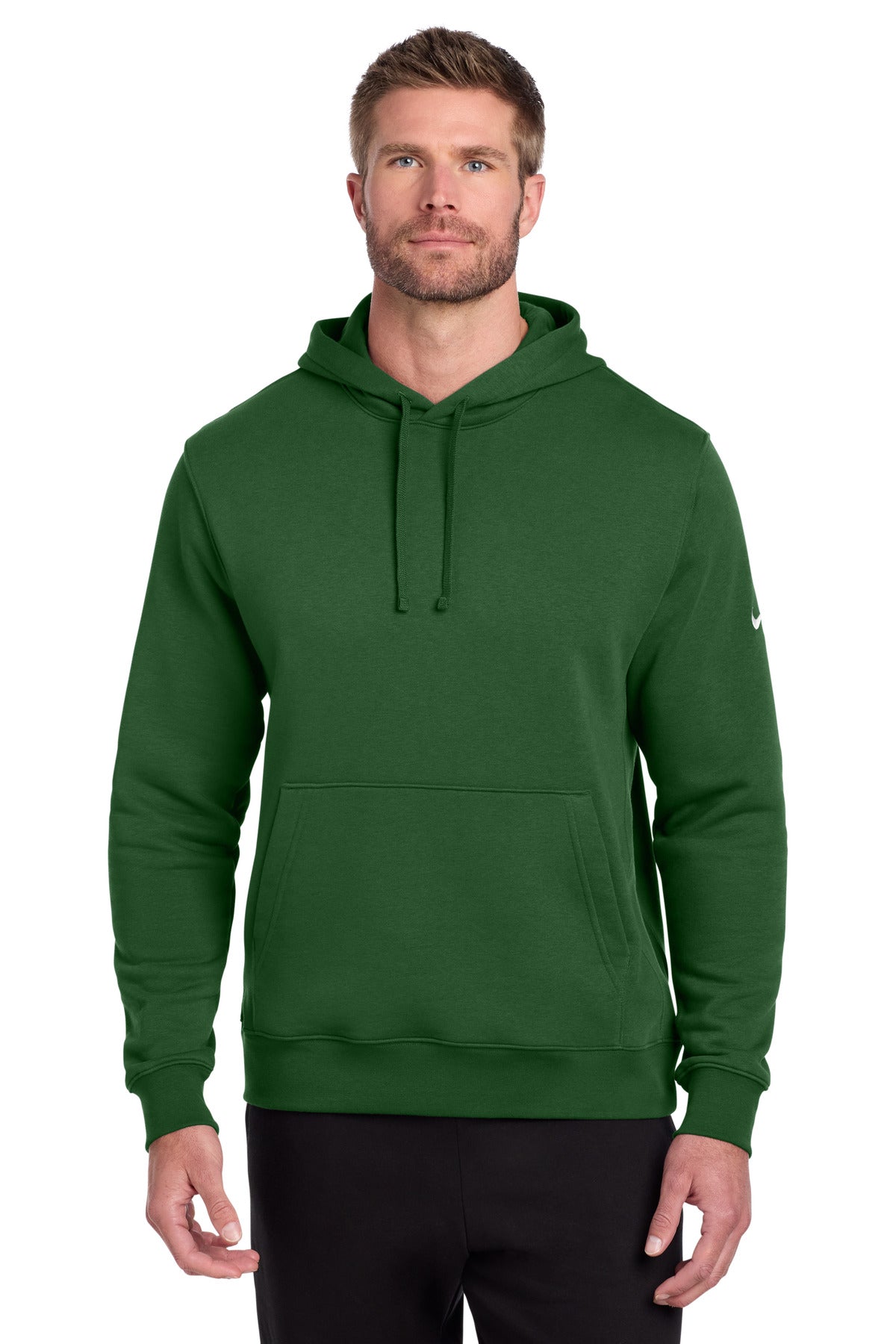 Nike Club Fleece Swoosh Pullover Hoodie in gorge green, front view showing soft fleece fabric and Nike Swoosh logo.