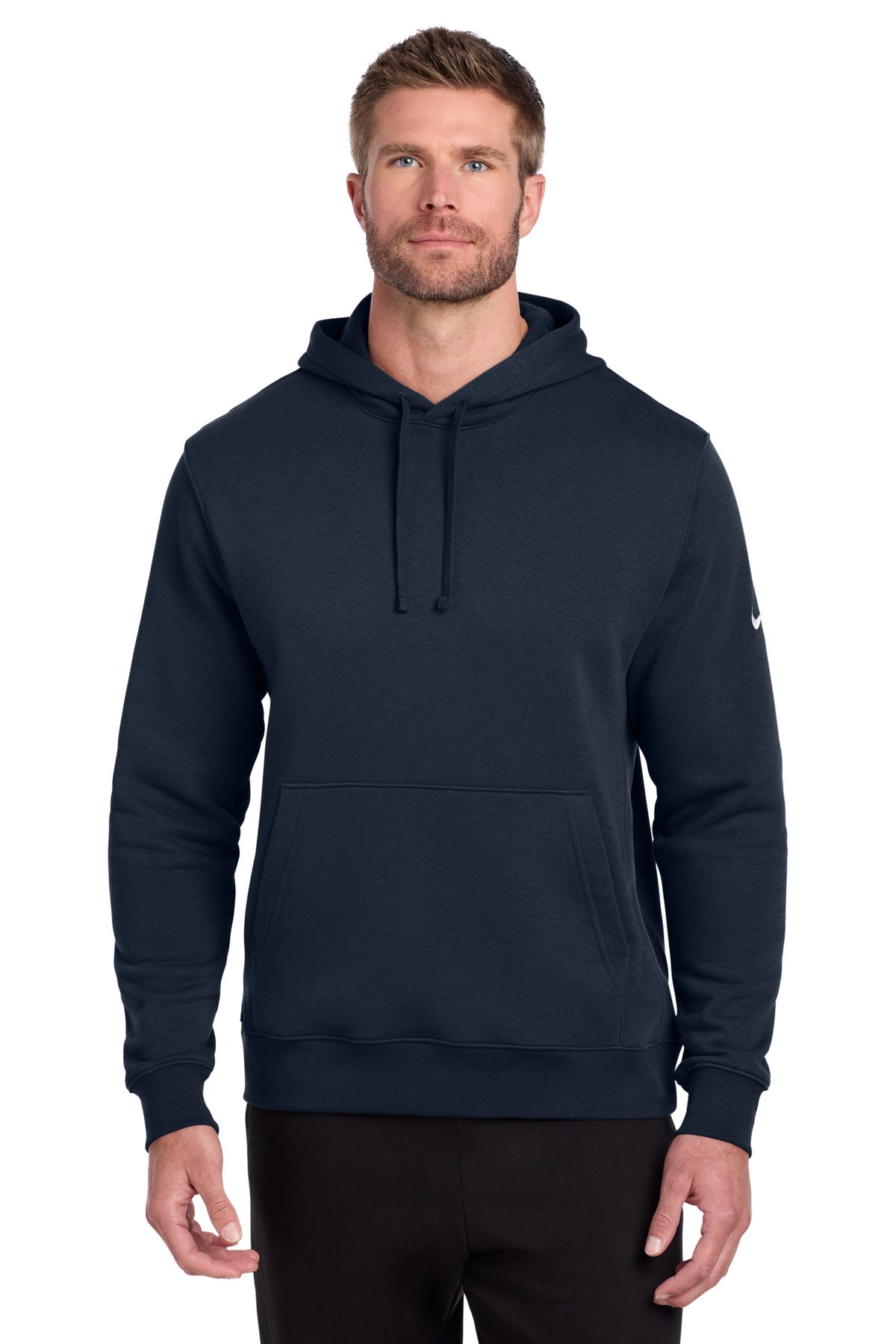 Nike Club Fleece Swoosh Pullover Hoodie in midnight navy, featuring the front view with a large Nike Swoosh logo and fleece material.