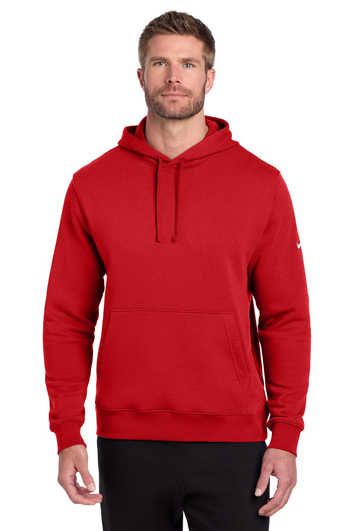 Nike Club Fleece Sleeve Swoosh Pullover Hoodie in university red, front view showing the Nike swoosh design on the sleeve.