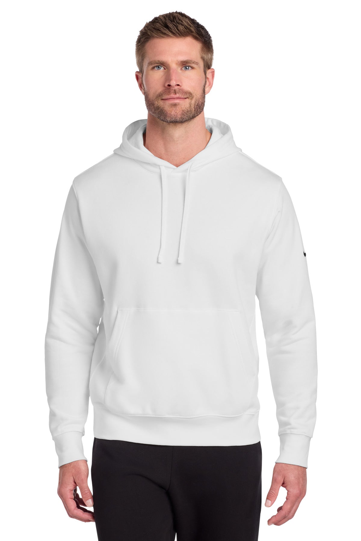White Nike Club Fleece Sleeve Swoosh Pullover Hoodie worn by a model, featuring a front Nike Swoosh logo and cozy fleece material.