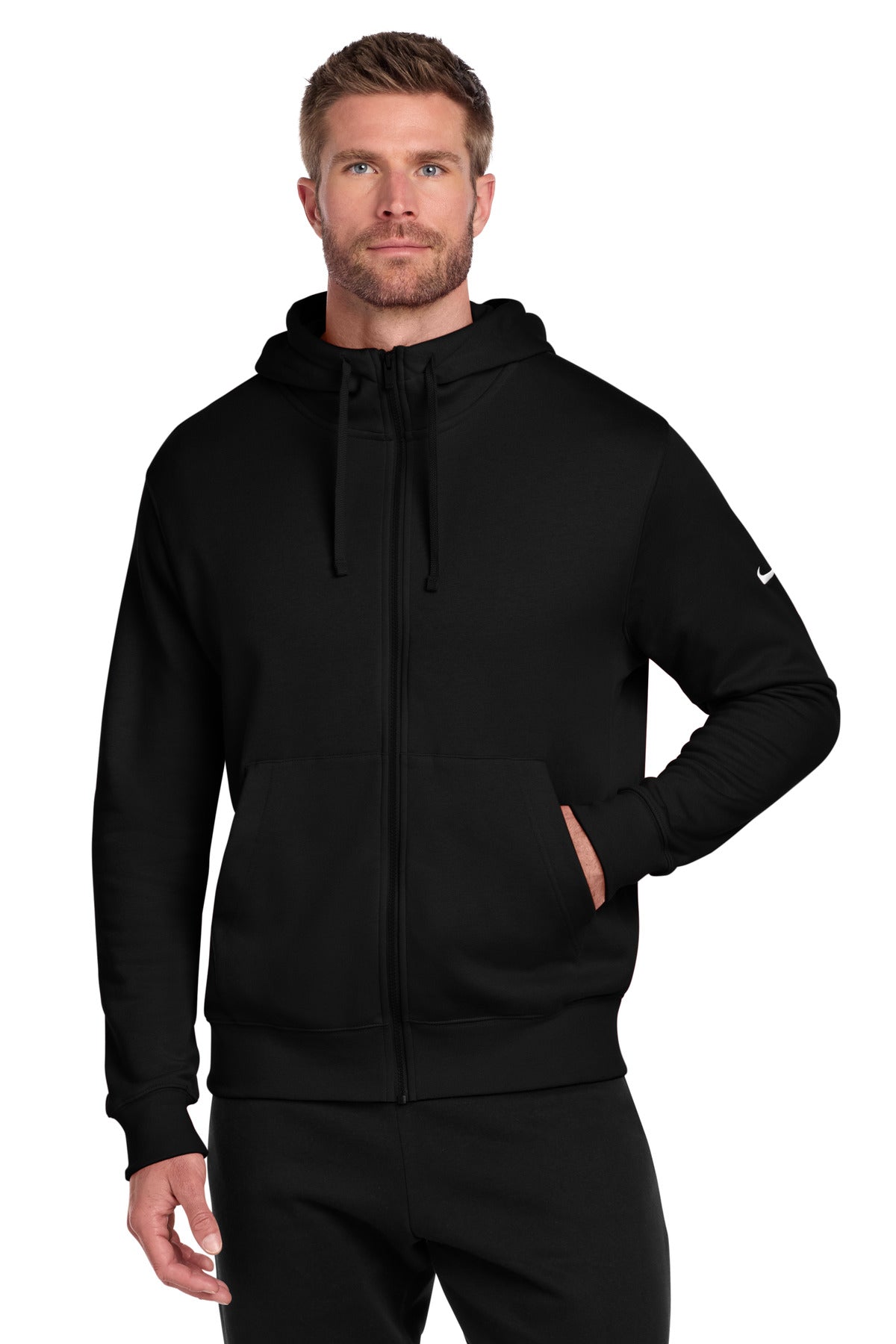Black Nike Club Fleece full-zip hoodie with sleeve Swoosh logo, front view on a model.
