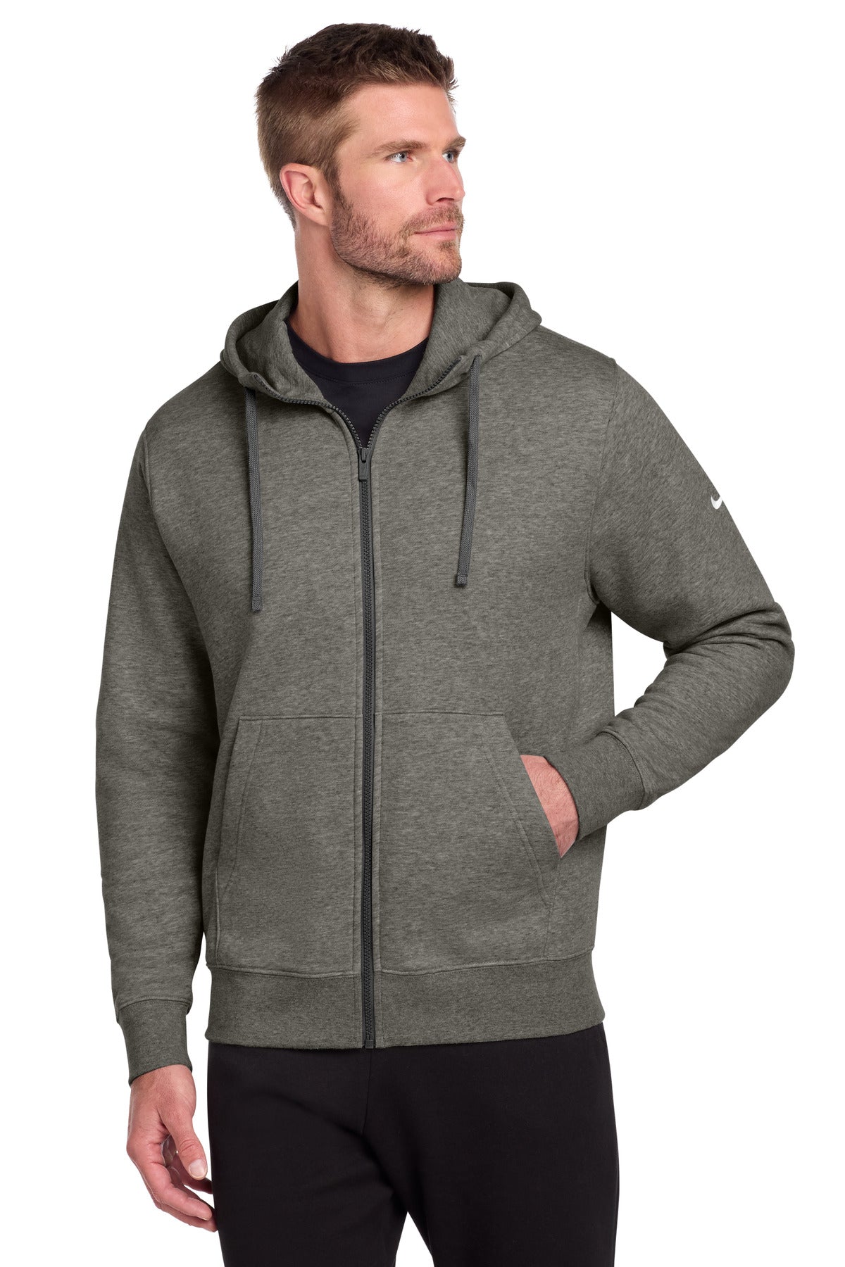 Nike Club Fleece full-zip hoodie with Swoosh logo in charcoal heather, front view showing hoodie with sleeves and zipper.