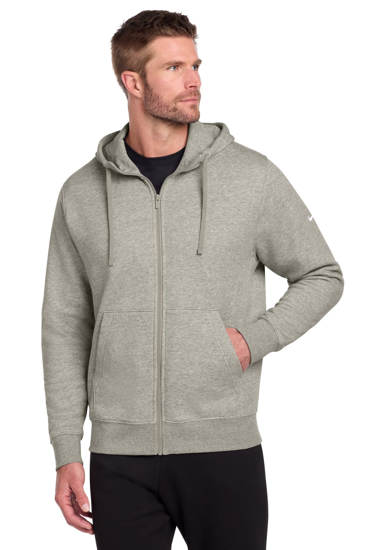 Nike Club Fleece full-zip hoodie in dark grey Heather with Swoosh logo, front view showing the hoodie’s design and fleece fabric.