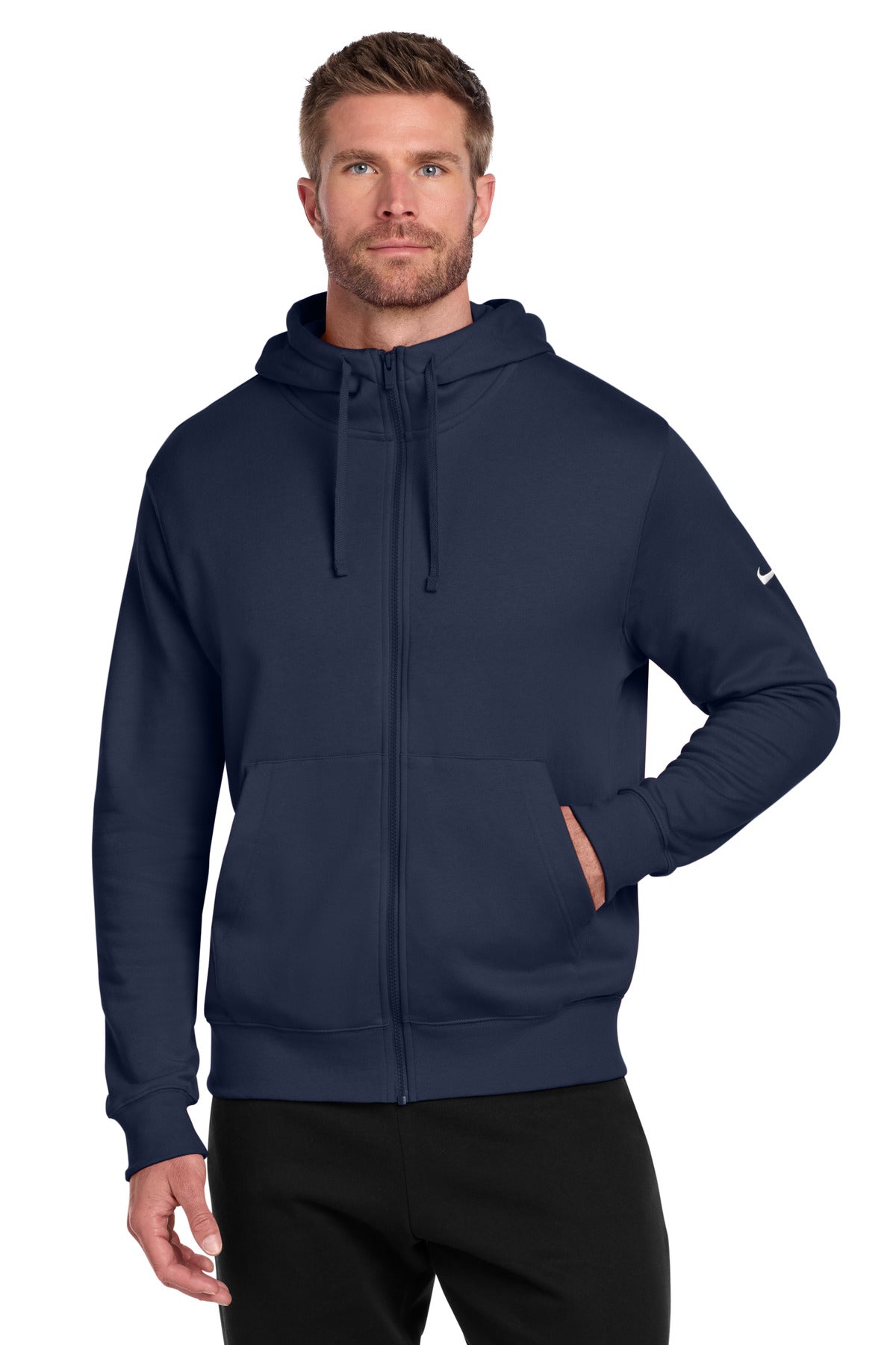 Nike Club Fleece full-zip hoodie in midnight navy with Swoosh logo, front view showing the hoodie’s design and zip closure.
