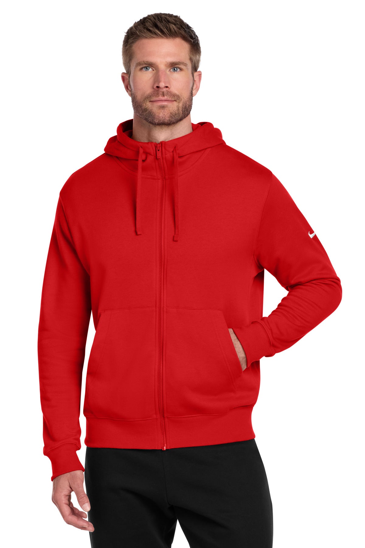 Nike Club Fleece full-zip hoodie with Swoosh logo, university red color, worn by a model, front view showing the hoodie and zipper.
