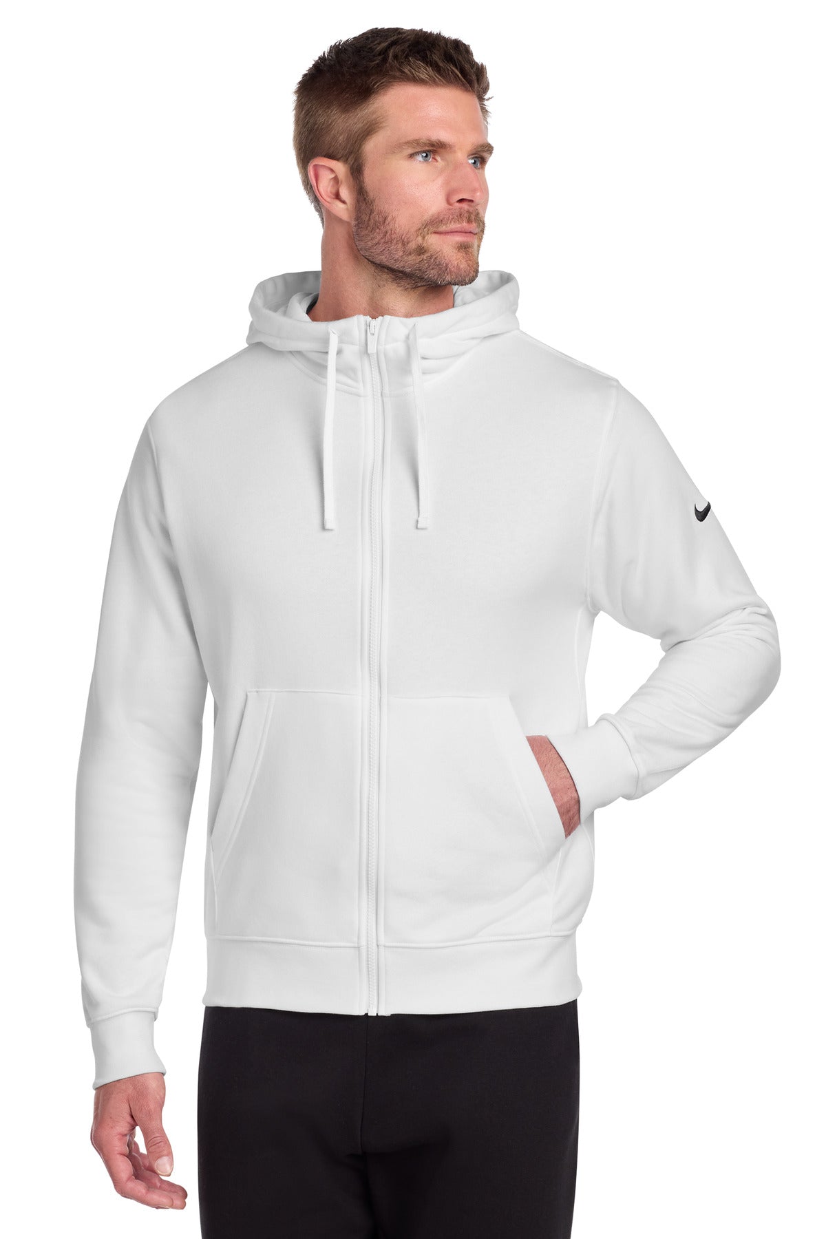 White Nike Club Fleece full-zip hoodie with Swoosh logo, front view on a model showing the stylish, comfortable sweatshirt.