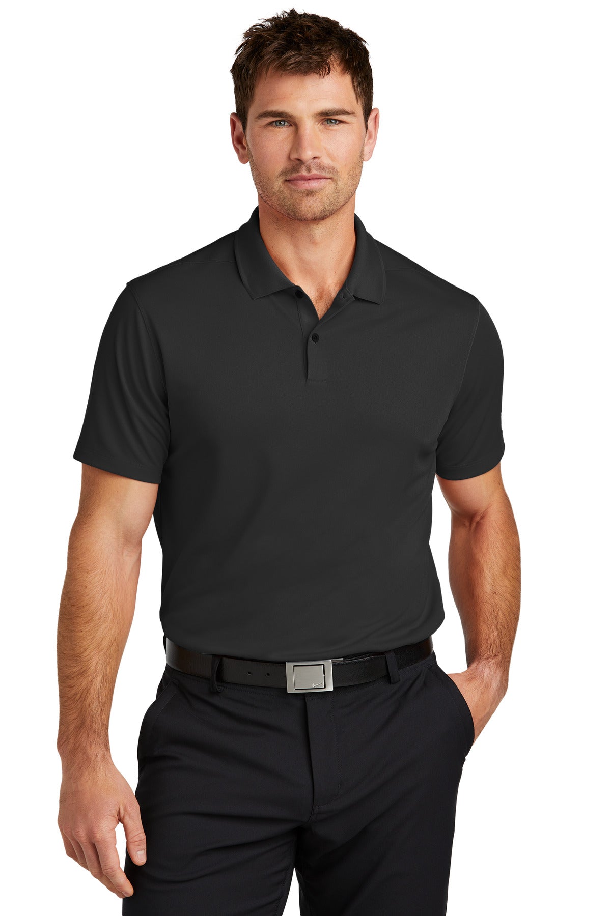 Black Nike Victory Solid Polo shirt worn by a model, showcasing the front design and classic fit.