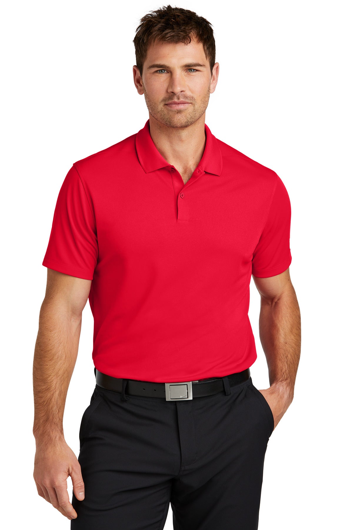 Nike Victory Solid Polo in university red, front view showing classic collar and breathable fabric for sports and casual wear.