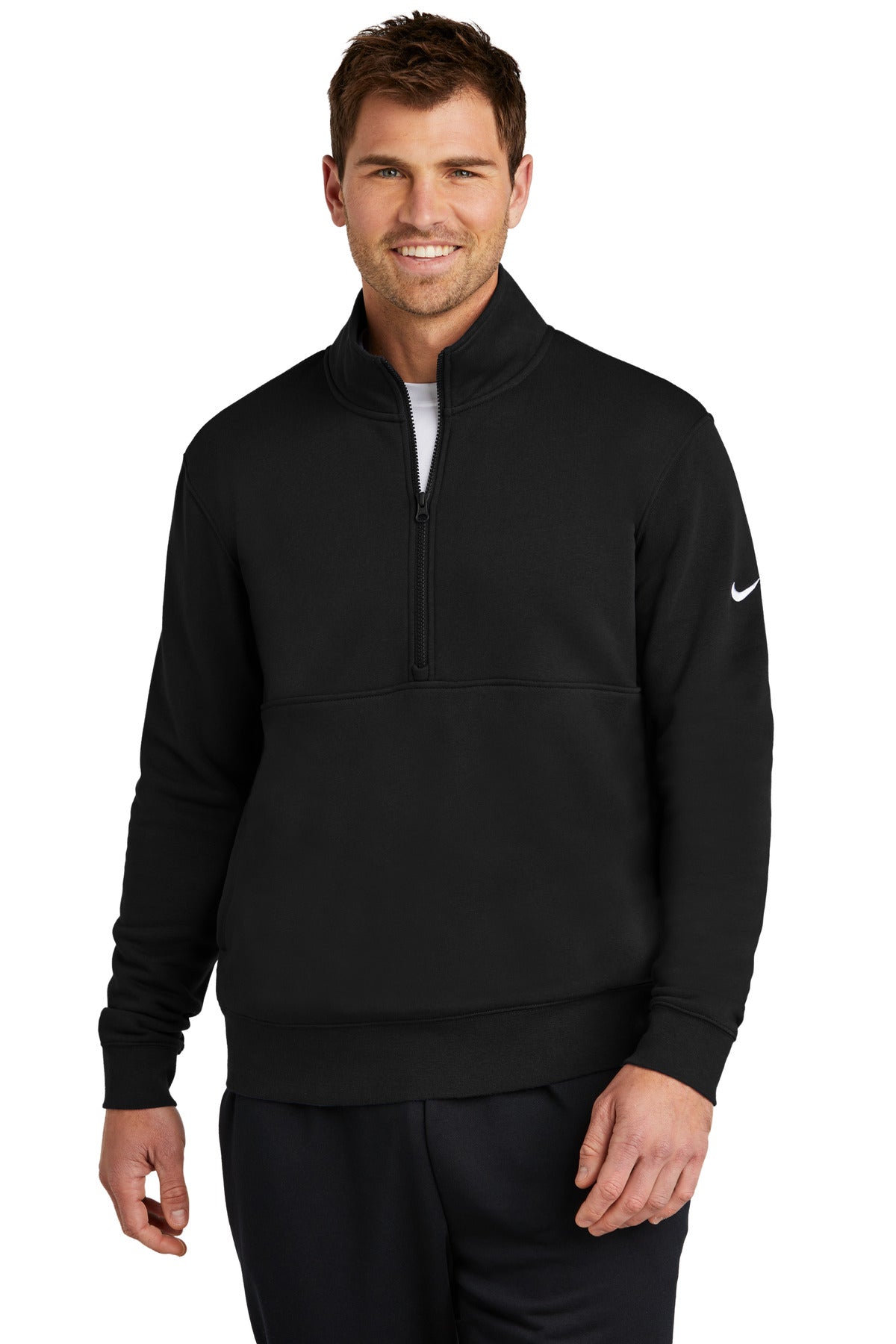 Black Nike Club Fleece half-zip sweatshirt with Swoosh logo, front view on a model