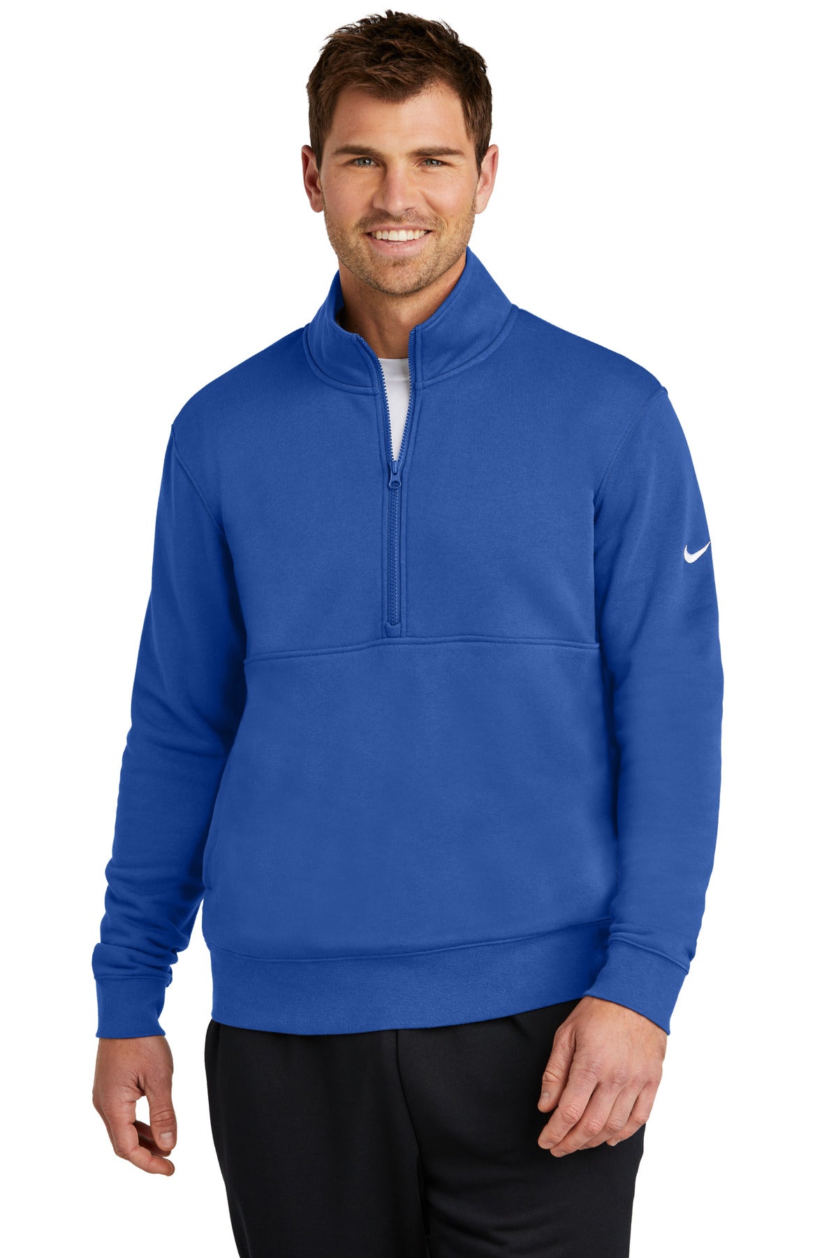 Nike Club Fleece half-zip sweatshirt with Swoosh logo, worn by a model, in vibrant royal color, front view highlighting the design.