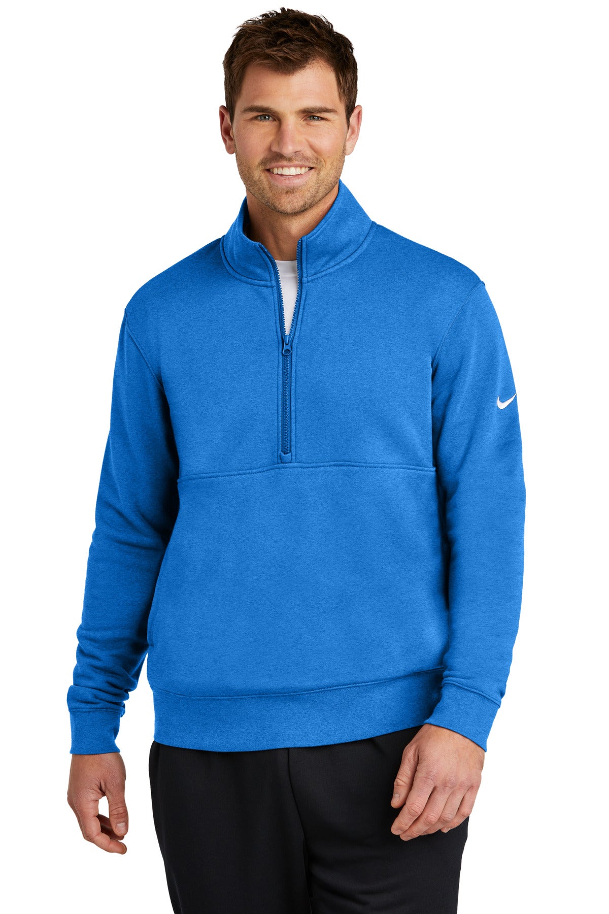 Nike Club Fleece half-zip sweatshirt in light gamer royal heather with Swoosh logo on the front, shown from the front view.