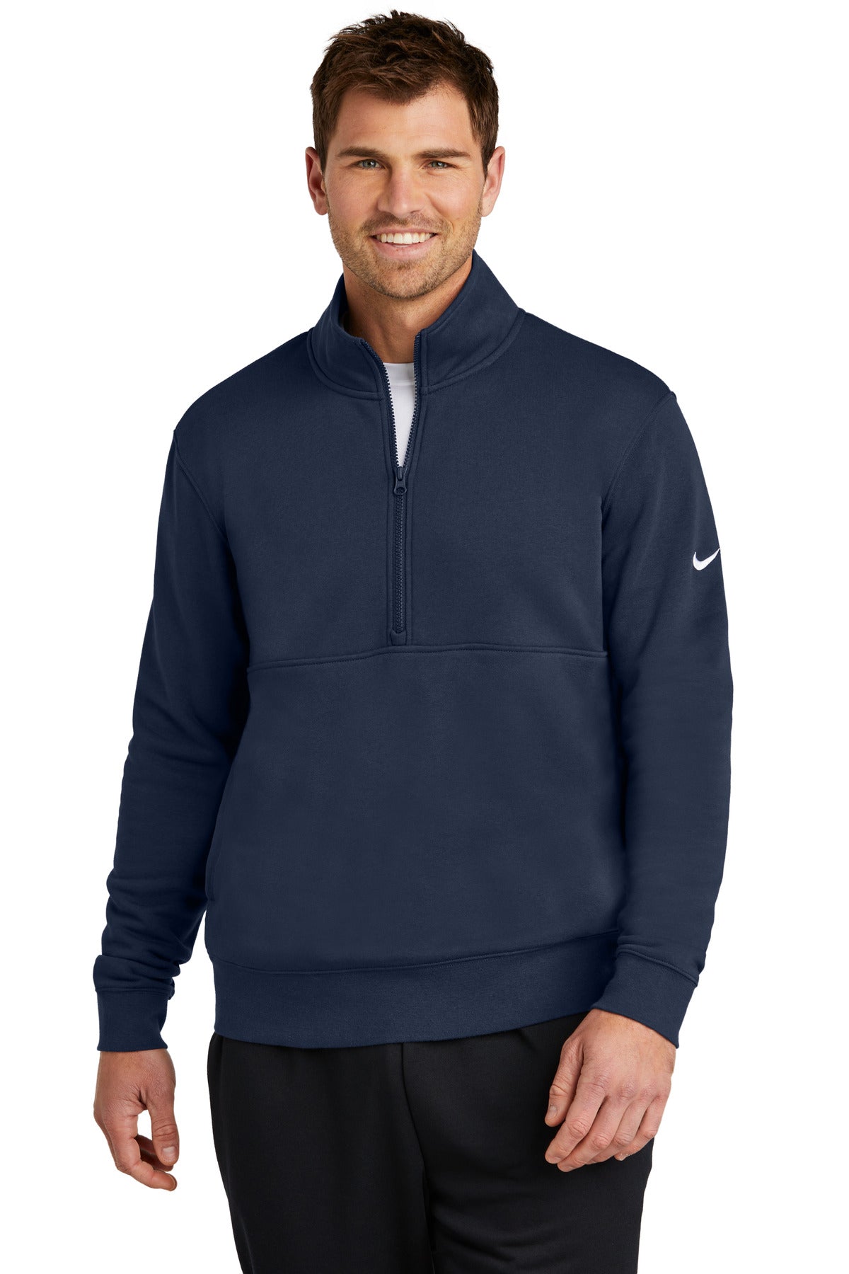 Nike Club Fleece half-zip sweatshirt in midnight navy with Swoosh logo on the front, shown from the front view.