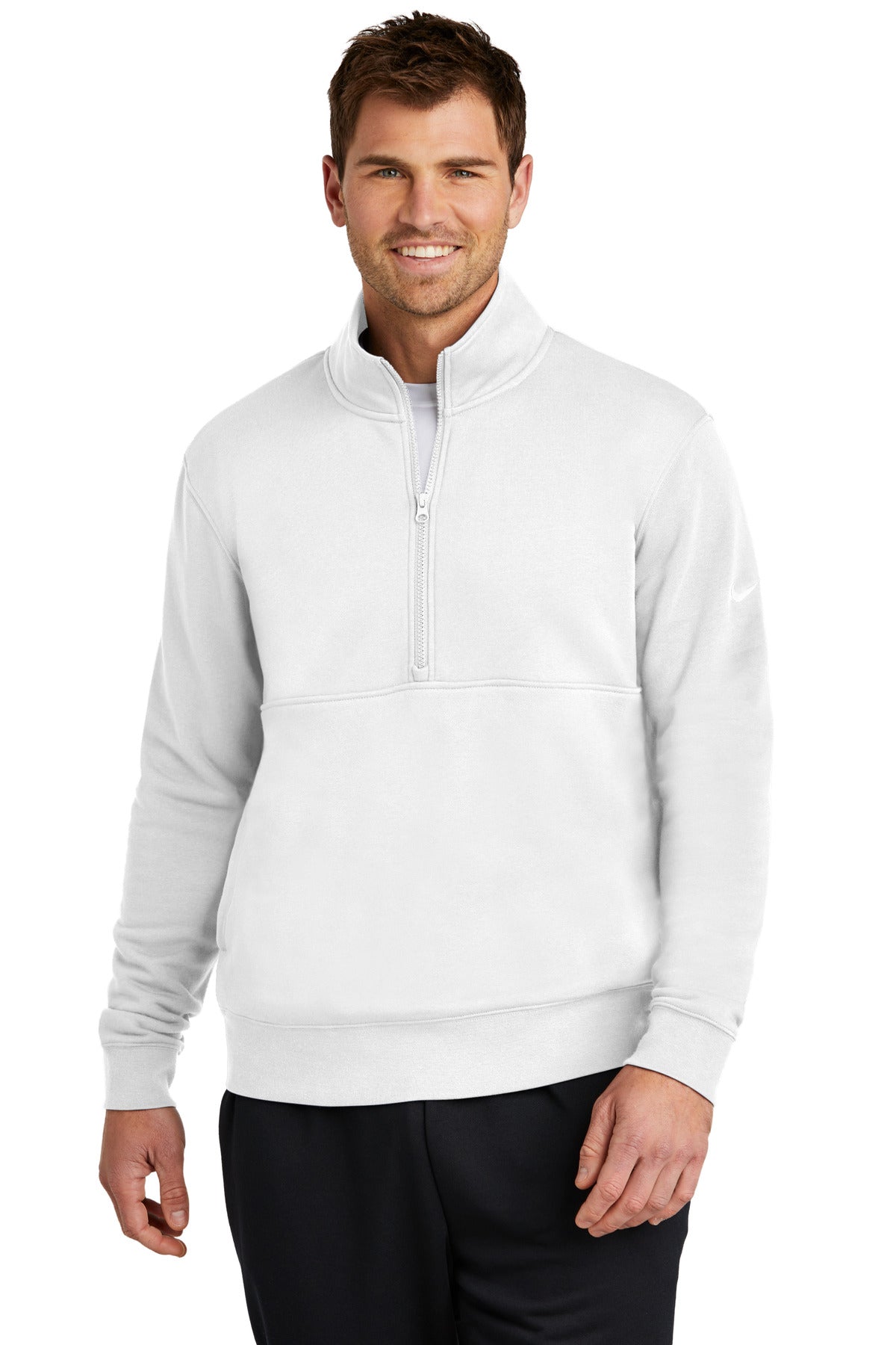 White Nike Club Fleece sleeve 1/2-zip sweatshirt with Swoosh logo, worn by a model, front view.