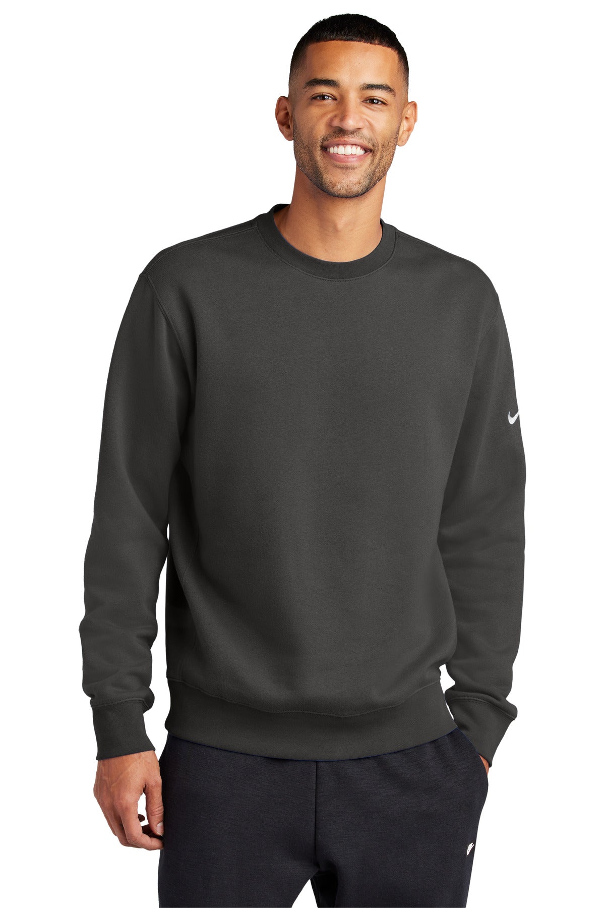 Nike Club Fleece Sleeve Swoosh Crew in anthracite, front view showcasing the Nike logo and comfortable fleece fabric.