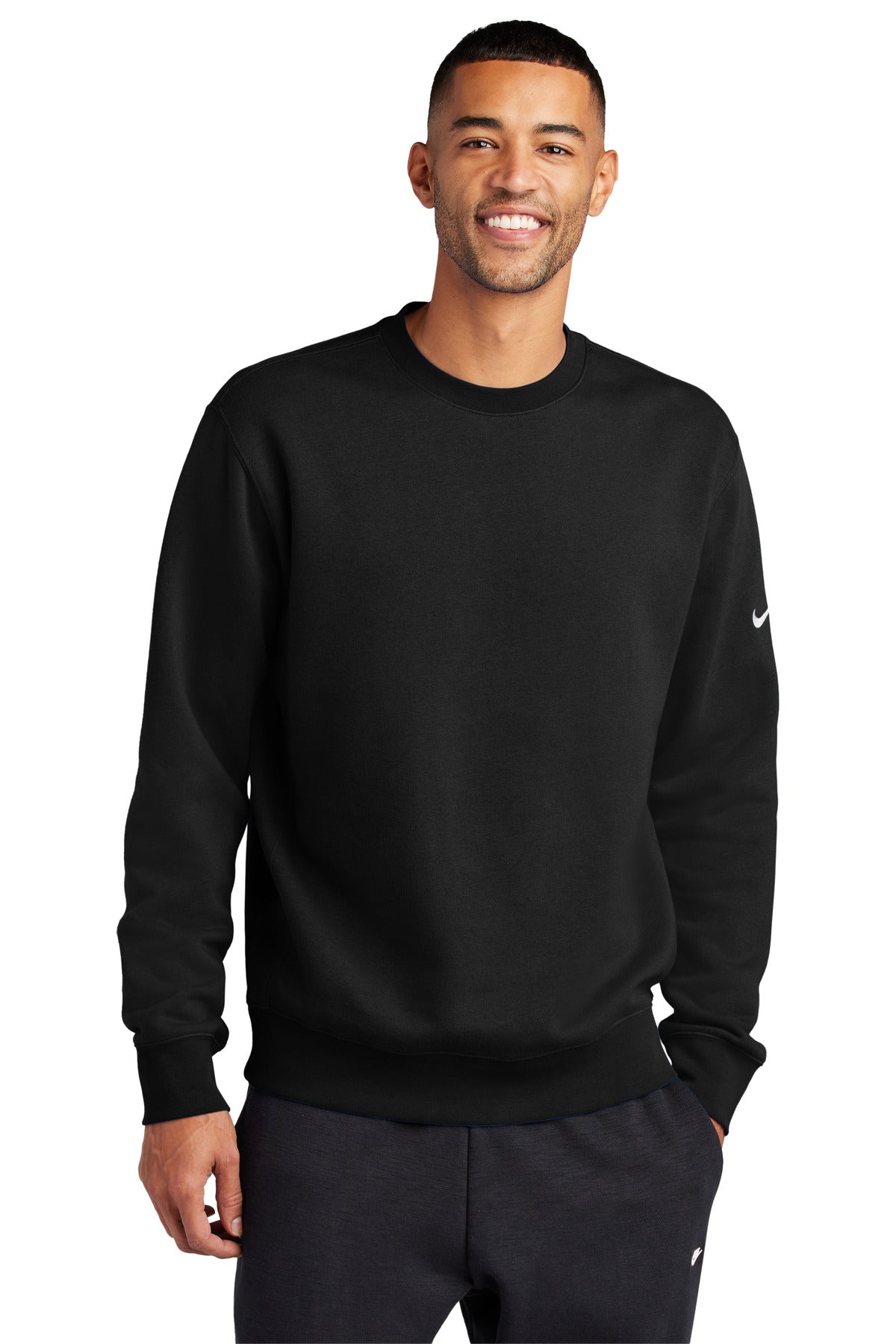 Black Nike Club Fleece Sleeve Swoosh crew neck sweatshirt, front view showing Nike swoosh logo on the sleeve.