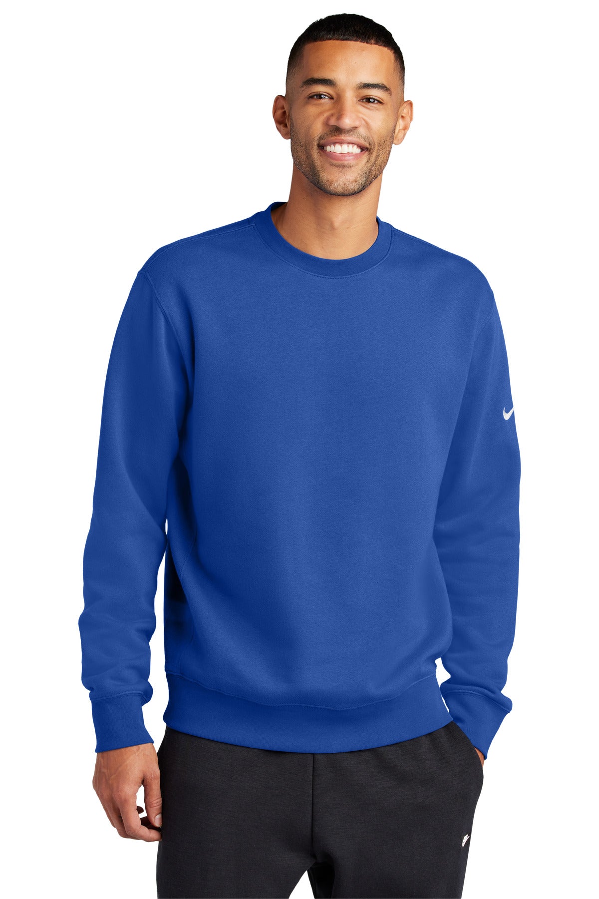 Nike Club Fleece Sleeve Swoosh Crew sweatshirt in game royal color, front view showing the Nike swoosh logo on the sleeve.
