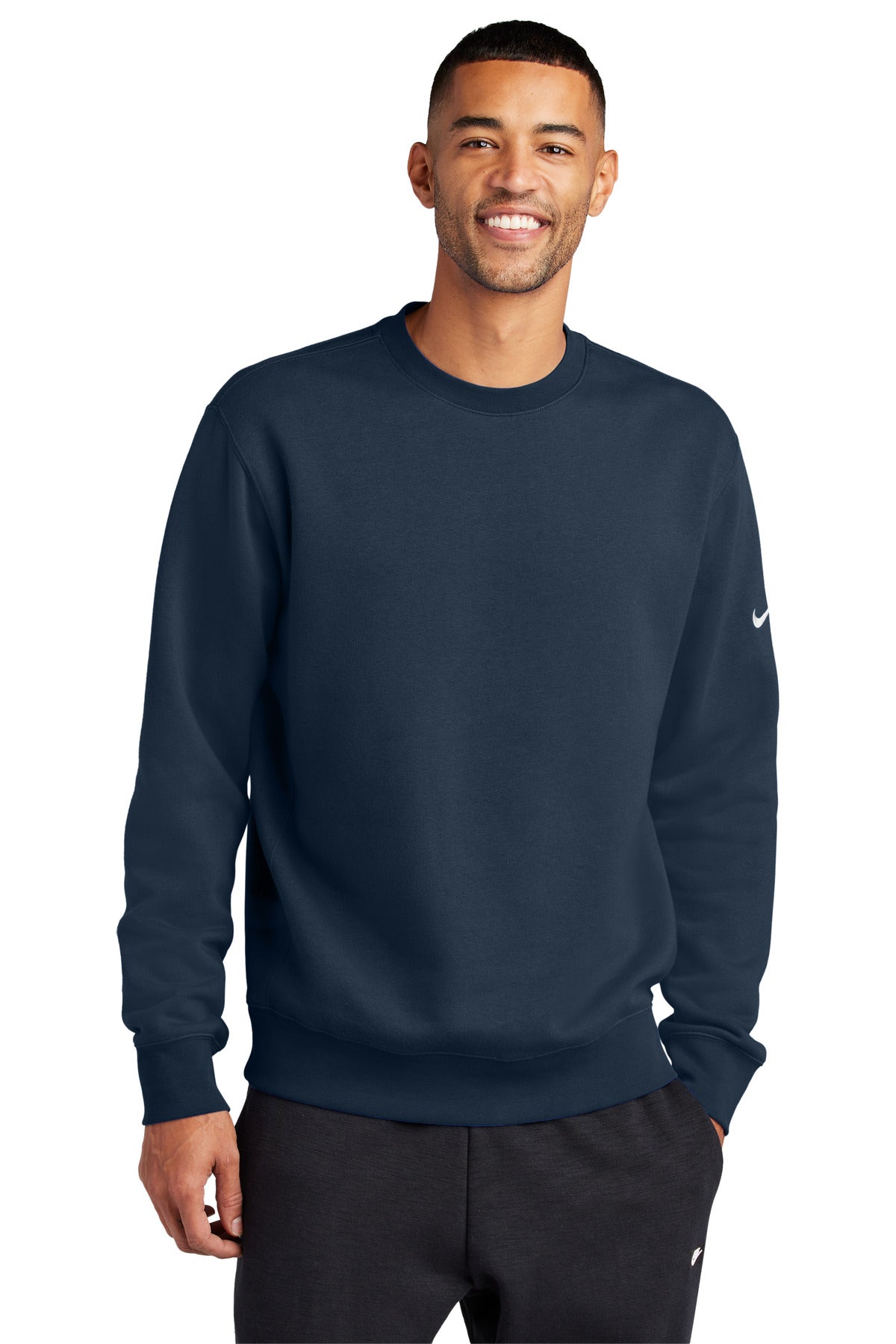 Nike Club Fleece Sleeve Swoosh crewneck sweatshirt in midnight navy, featuring Nike logo on the front.
