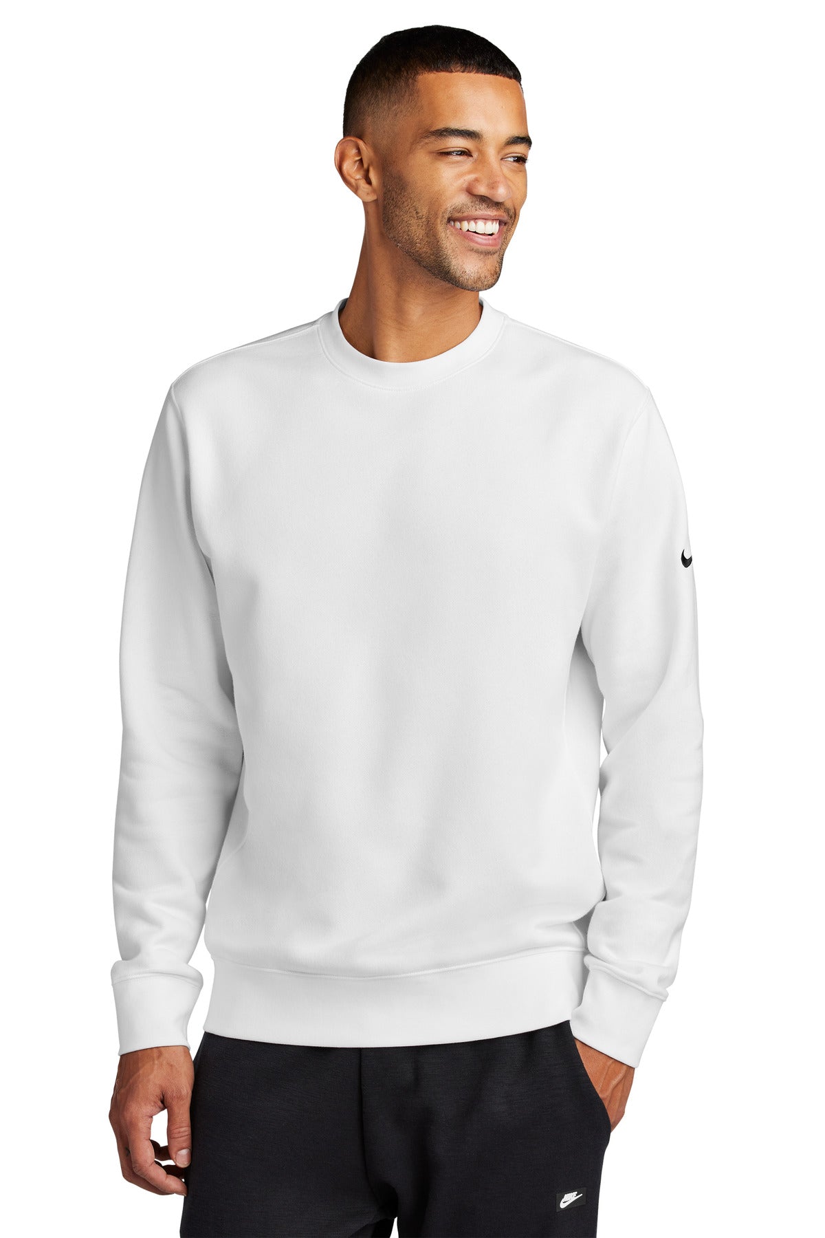 White Nike Club Fleece Sleeve Swoosh Crew sweatshirt showing front view with Nike swoosh logo on the chest.