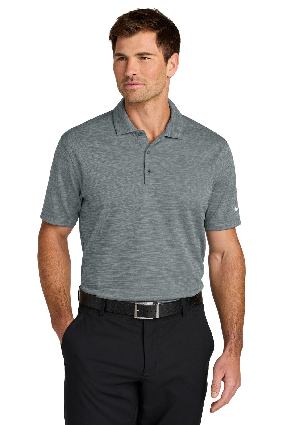 Nike Dri-FIT Striated Polo in cool grey, front view showing lightweight, breathable athletic polo shirt with Nike branding.