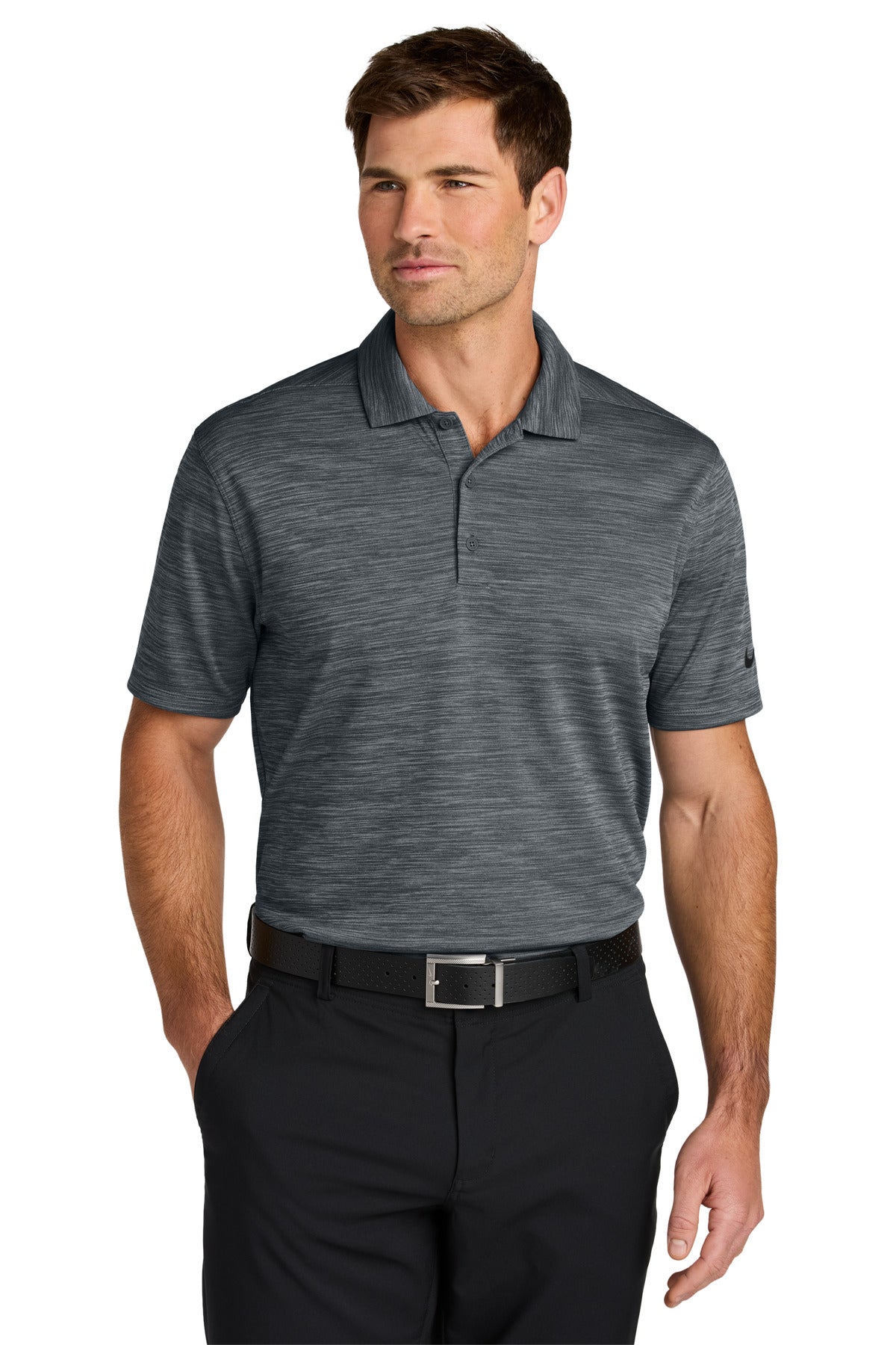 Dark grey Nike Dri-FIT Striated Polo shirt worn by model, front view showing the Nike logo and textured fabric.