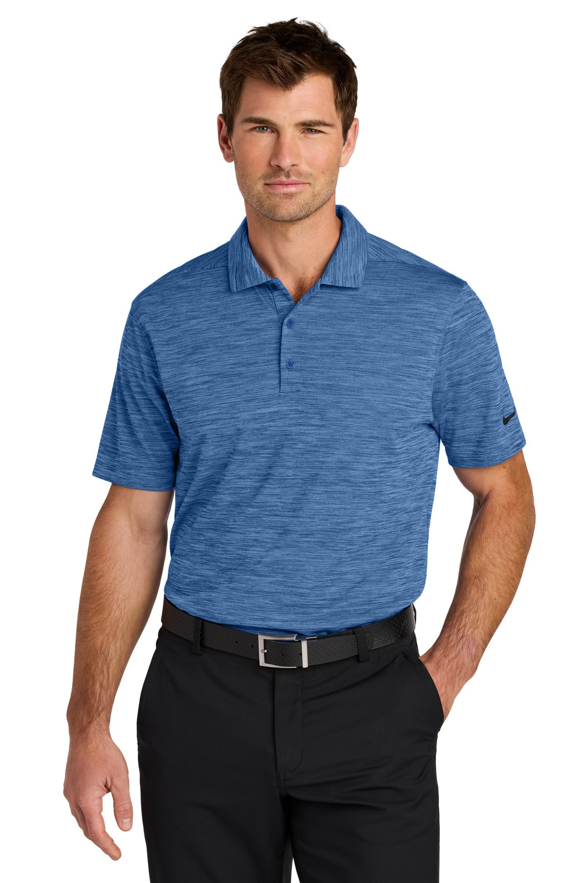 Nike Dri-FIT Striated Polo shirt, front view featuring sporty design and Nike branding on the chest.