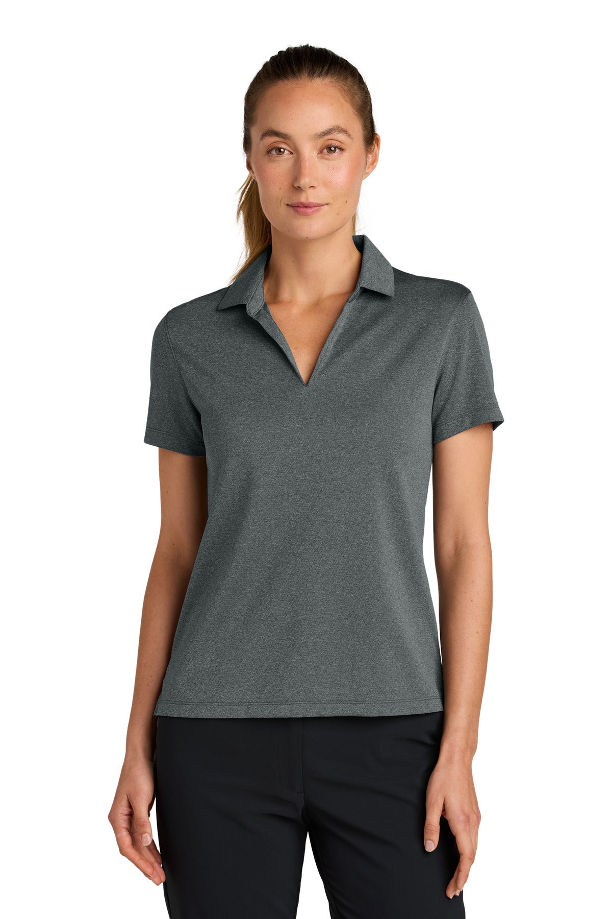 Nike Women's Dri-FIT Heather Polo in anthracite heather, front view showing lightweight, breathable athletic polo shirt.