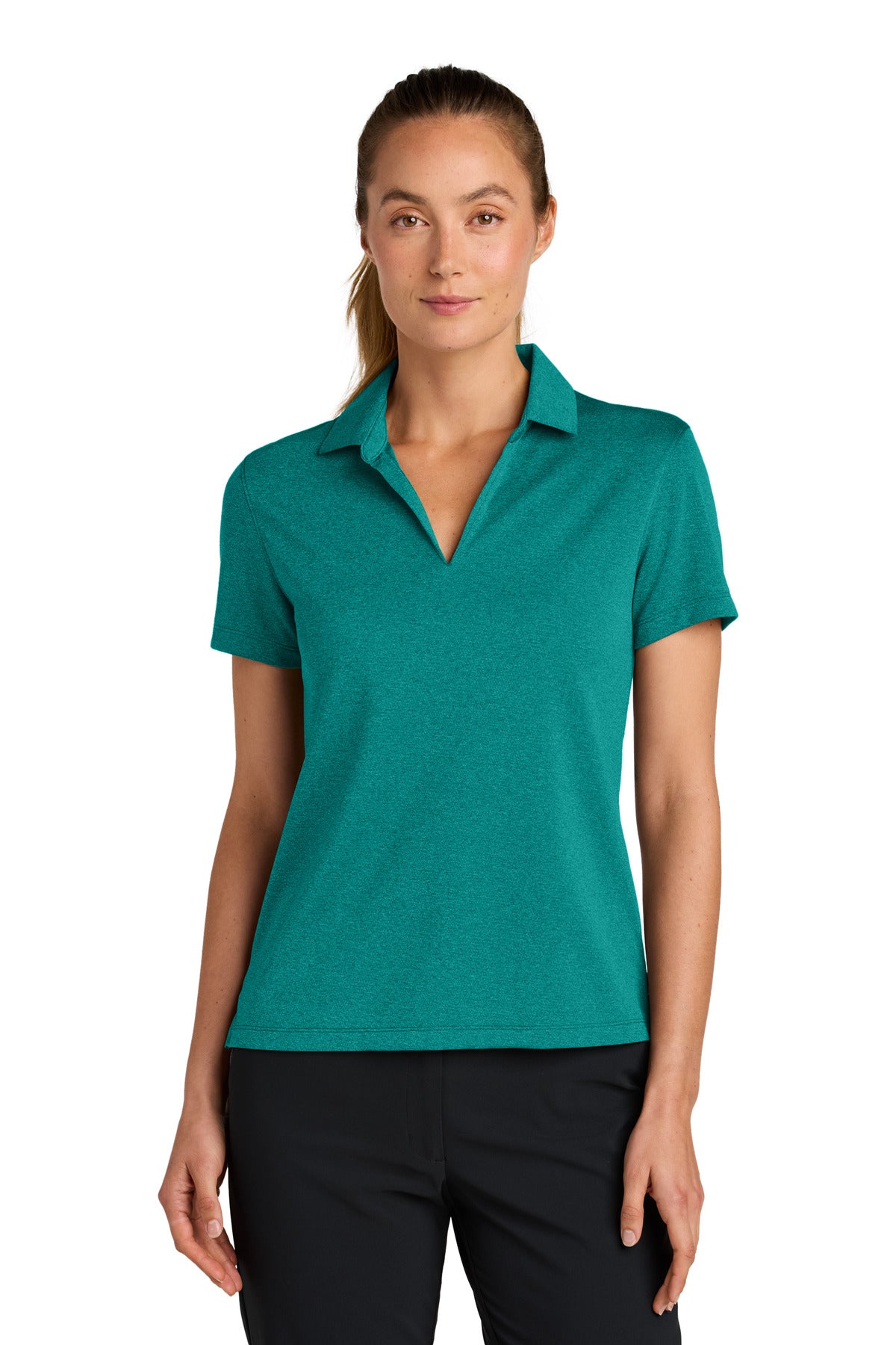 Nike Women's Dri-FIT Heather Polo in bright spruce, front view showing breathable fabric and classic polo collar.