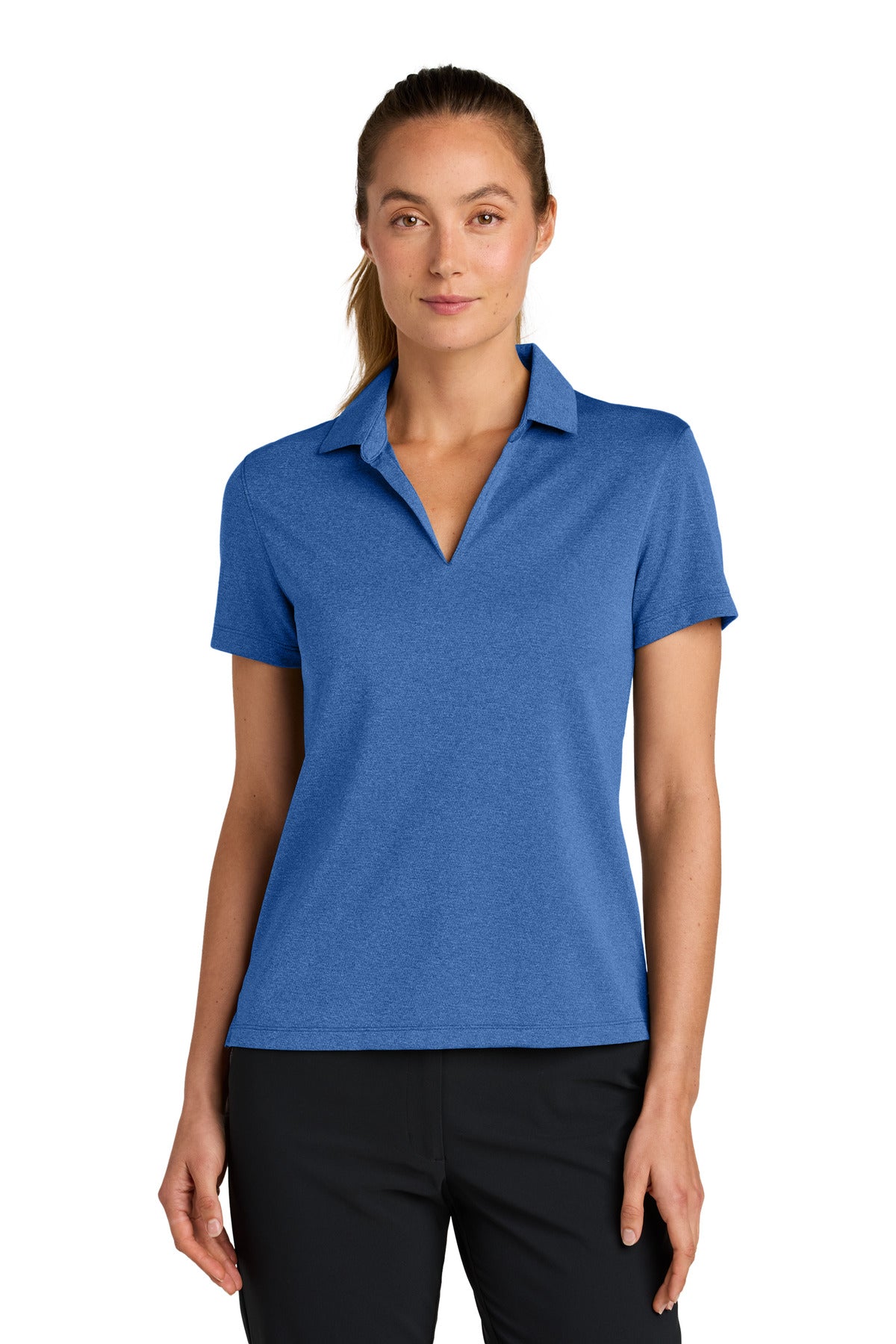 Nike Women's Dri-FIT Smooth Heather Polo in gamer royal heather, front view showing classic polo collar and Nike logo.