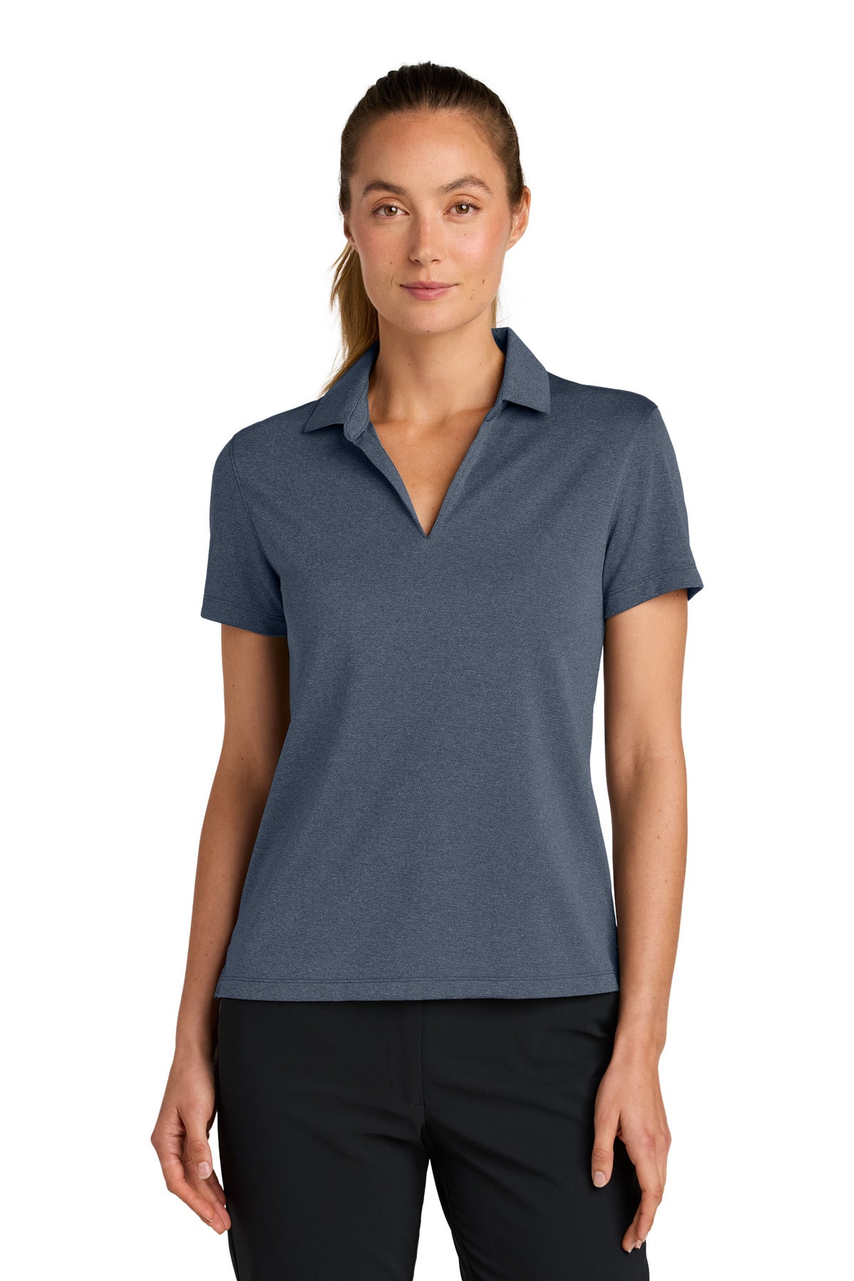 Nike Women's Dri-FIT Heather Polo in navy heather, front view showing the athletic fit and smooth fabric.