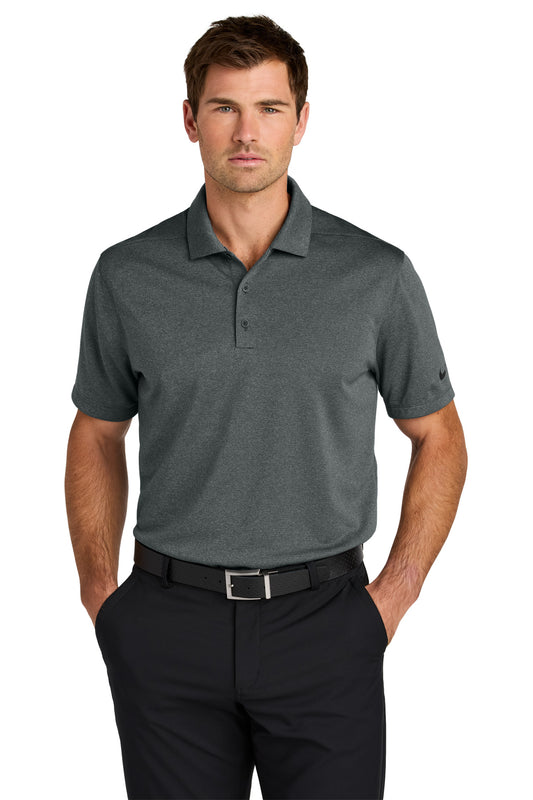 Nike Dri-FIT Smooth Heather Polo in anthracite heather, front view showing lightweight, breathable fabric and classic polo design.