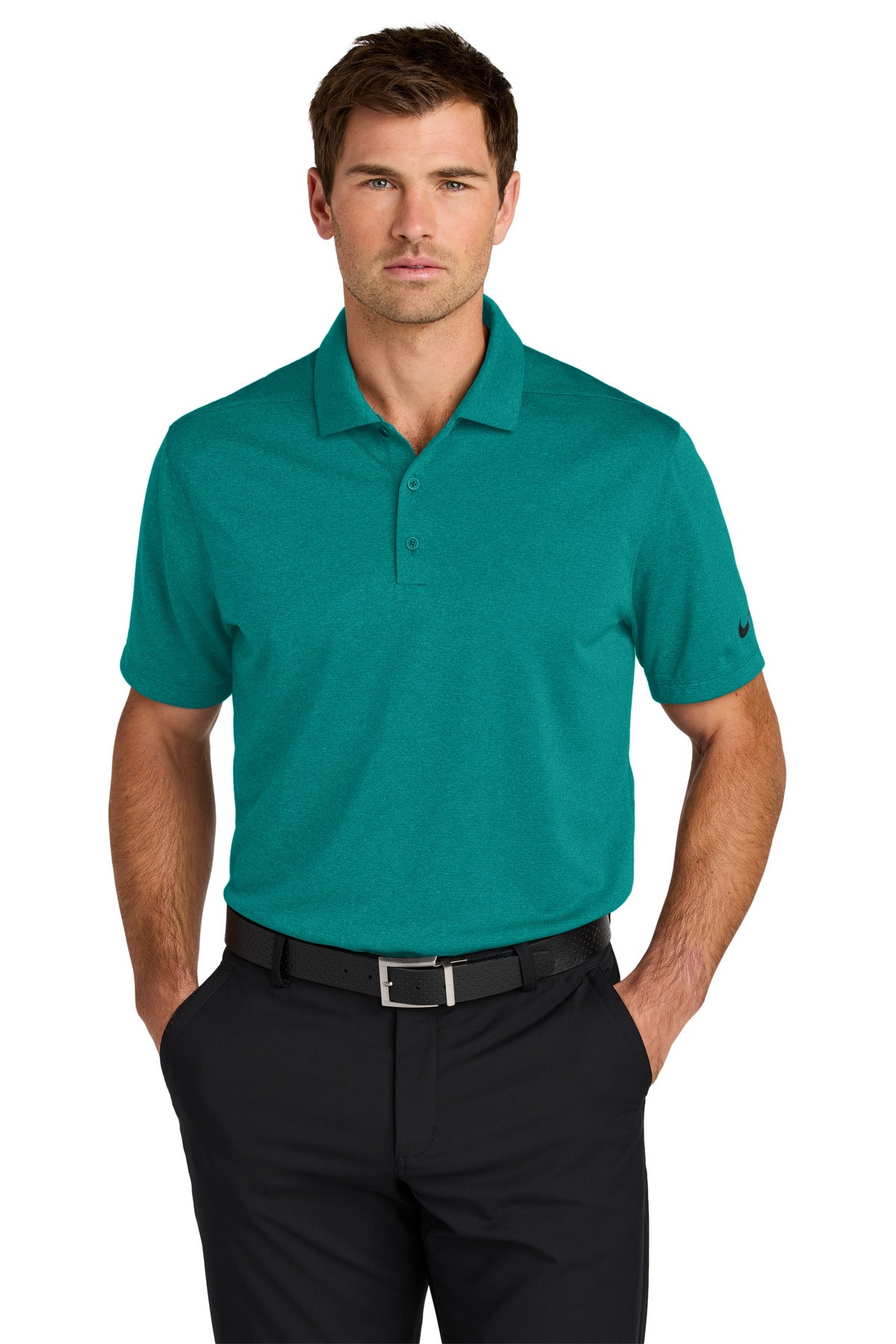 Nike Dri-FIT Smooth Heather Polo in bright spruce heather, front view showing breathable fabric and classic polo design.