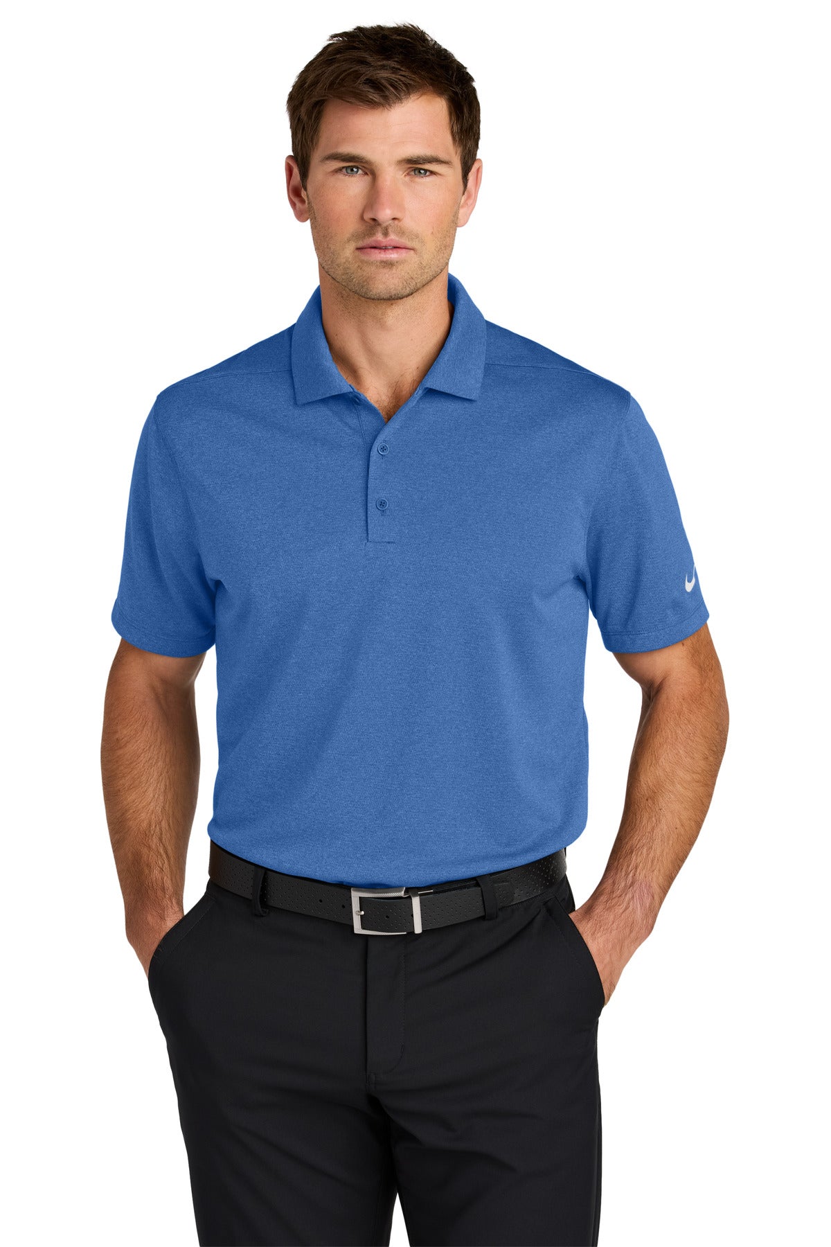 Nike Dri-FIT Heather Polo shirt in royal heather color, front view showing smooth fabric and classic polo design.